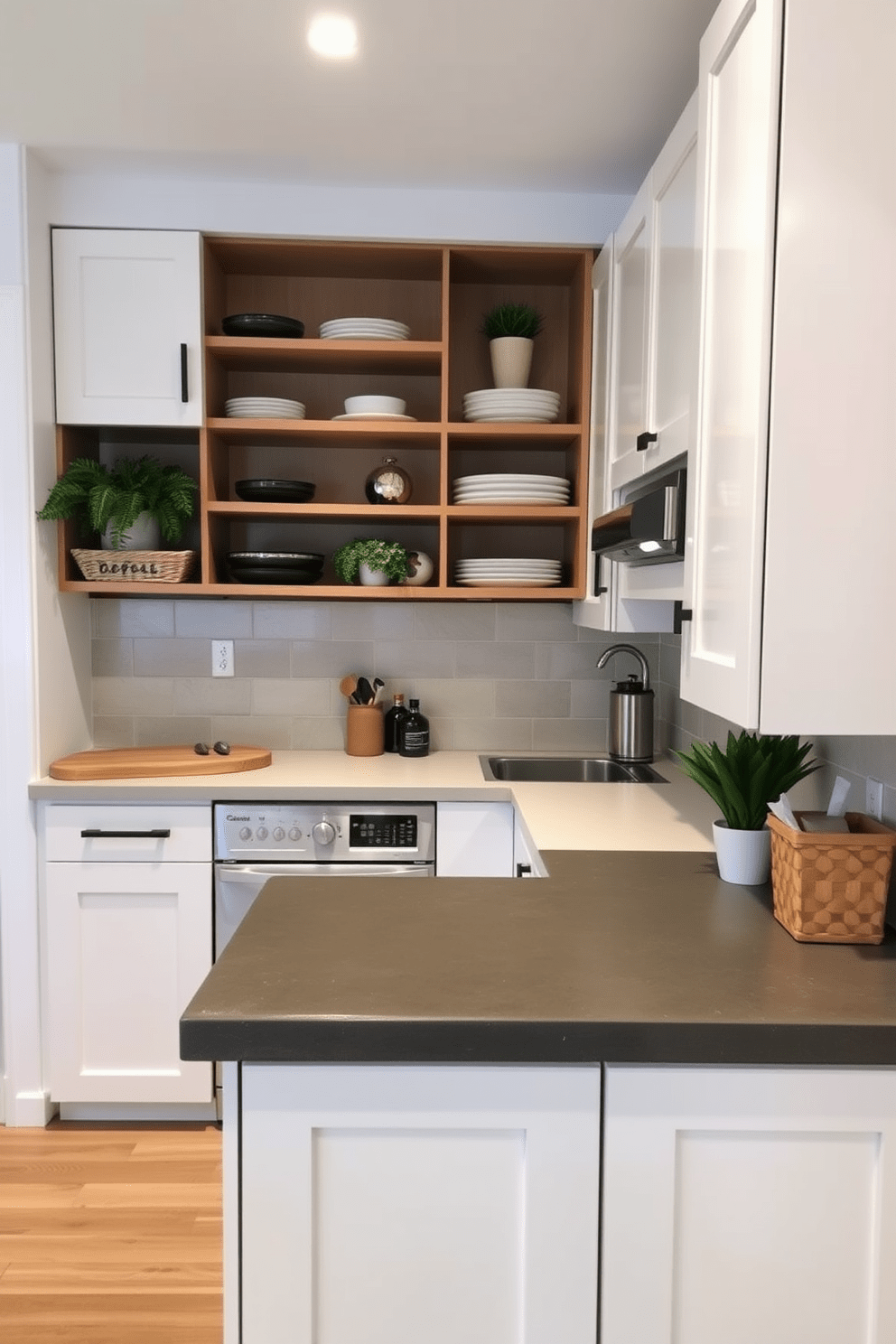 A cozy small apartment kitchen with a unique concrete countertop that adds an industrial touch. The cabinetry is a blend of open shelving and sleek white doors, creating a modern yet functional space.