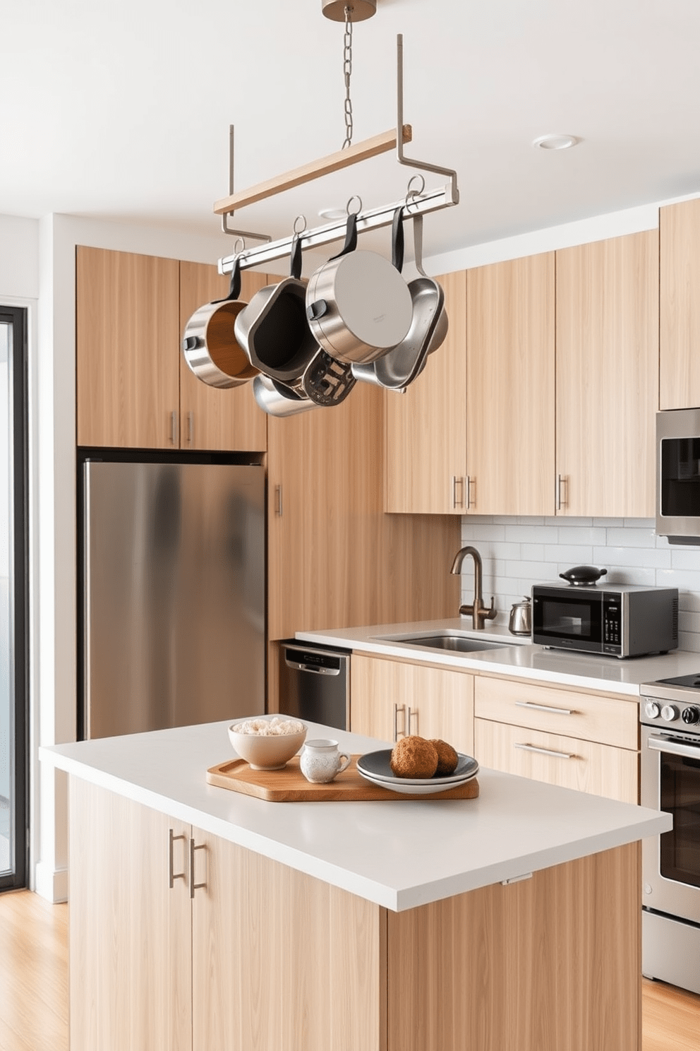 A small apartment kitchen featuring a sleek pot rack mounted above a central island for easy access to cookware. The kitchen is designed with minimalist cabinetry in a light wood finish, complemented by a subway tile backsplash and modern stainless steel appliances.