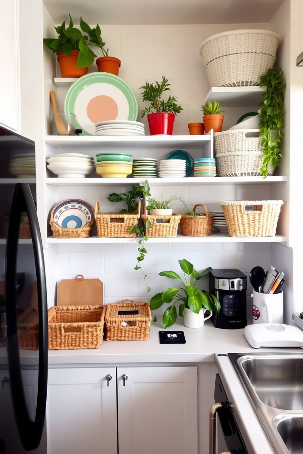 A small apartment kitchen featuring decorative baskets for storage solutions. The kitchen has open shelving displaying colorful dishes and plants, while the countertops are clutter-free and organized.