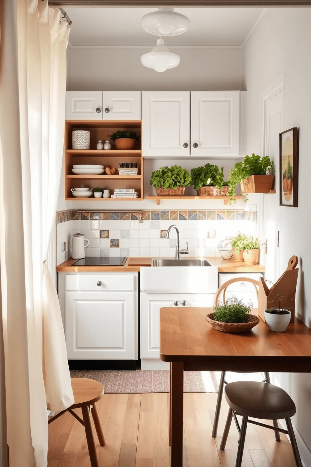 A cozy small apartment kitchen with a curtain instead of a door for a charming touch. The kitchen features a compact layout with open shelving, a farmhouse sink, and a wooden dining table that doubles as a prep area. Bright white cabinets contrast with warm wooden accents, creating a welcoming atmosphere. A colorful backsplash adds personality, while potted herbs on the windowsill bring a touch of nature indoors.