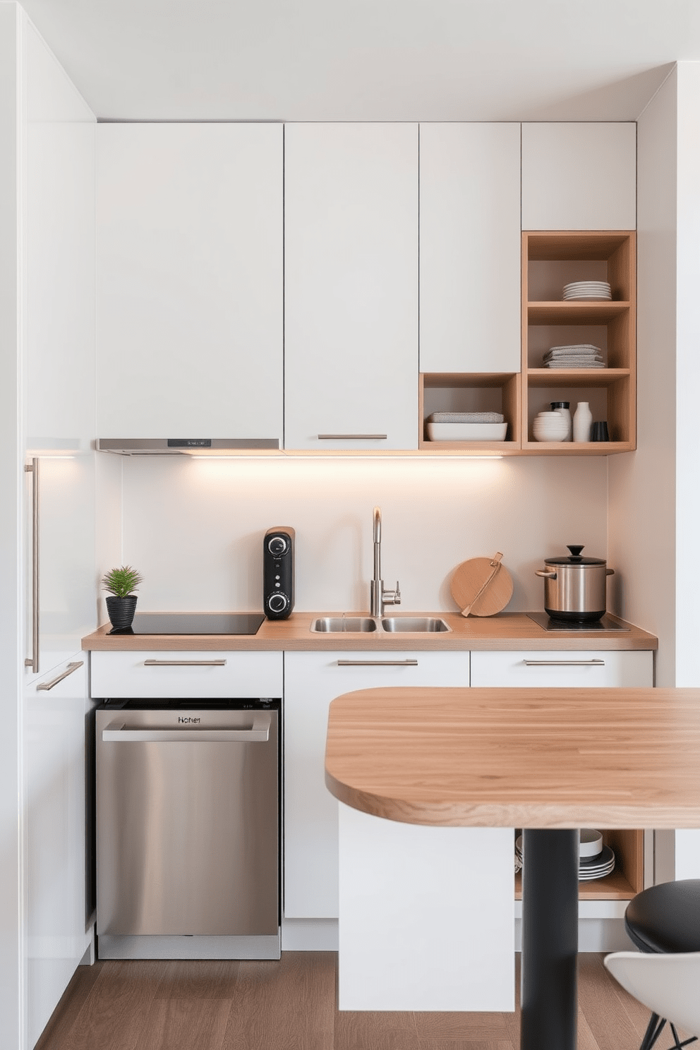 A compact kitchen design that maximizes functionality in a small apartment. The layout features sleek cabinetry with a modern finish, a small but efficient dishwasher integrated into the cabinetry, and a multifunctional island that doubles as a dining space. The color palette includes light neutrals to create an airy feel, complemented by stainless steel appliances. Clever storage solutions like open shelving and pull-out drawers enhance organization while maintaining a stylish appearance.