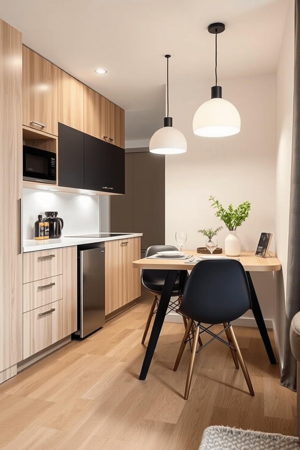 A small apartment kitchen featuring a foldable dining table that seamlessly integrates into the space. The kitchen is designed with sleek cabinetry in a light wood finish and a compact layout that maximizes functionality. The foldable dining table is positioned against the wall, adorned with stylish dining chairs that can be tucked away when not in use. Bright pendant lights hang above the table, illuminating the area and creating a cozy dining atmosphere.