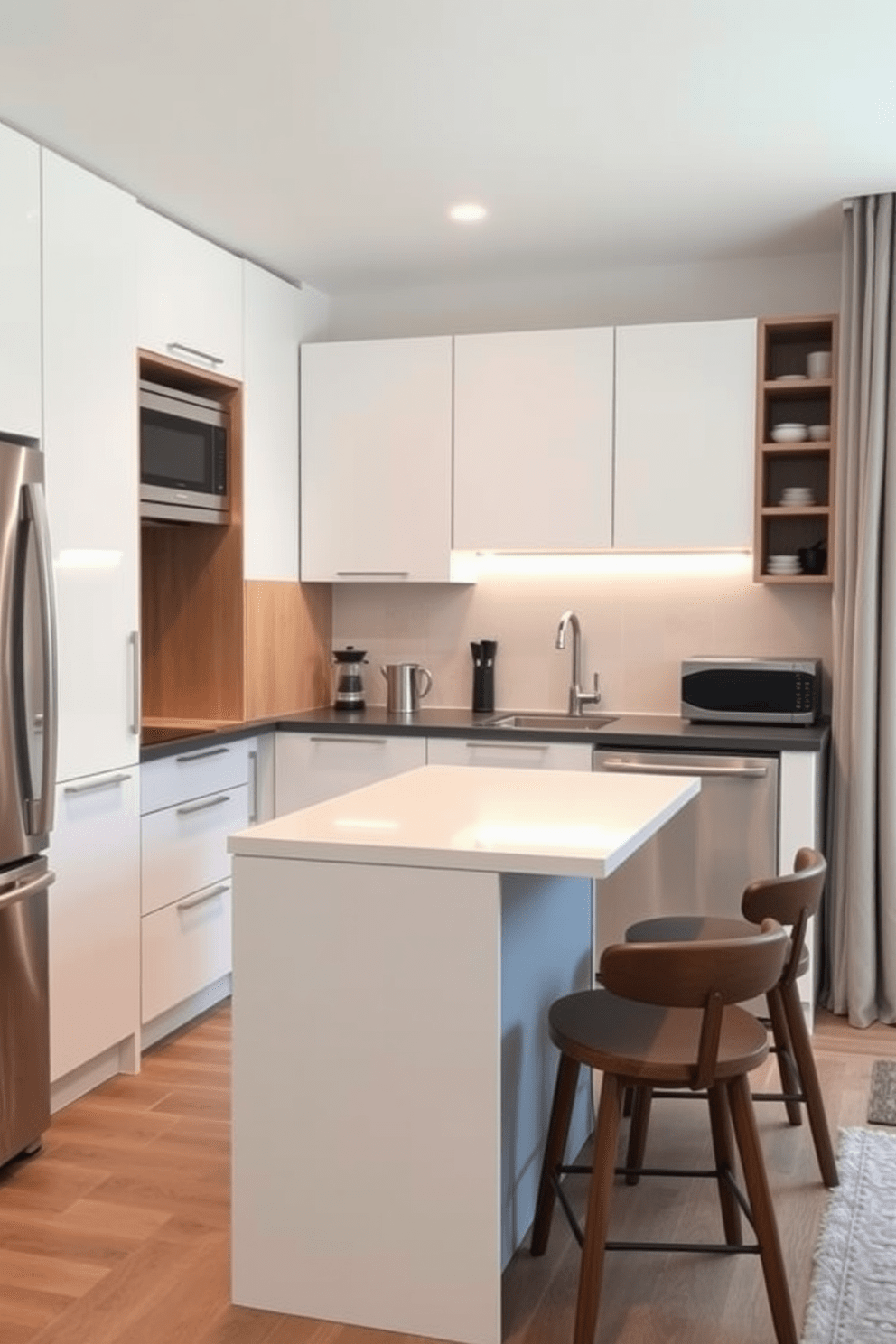 A modern small apartment kitchen featuring a fold-down desk seamlessly integrated into the cabinetry for a functional workspace. The kitchen includes sleek white cabinets, a compact island with bar stools, and stainless steel appliances, all accented by warm wood tones.