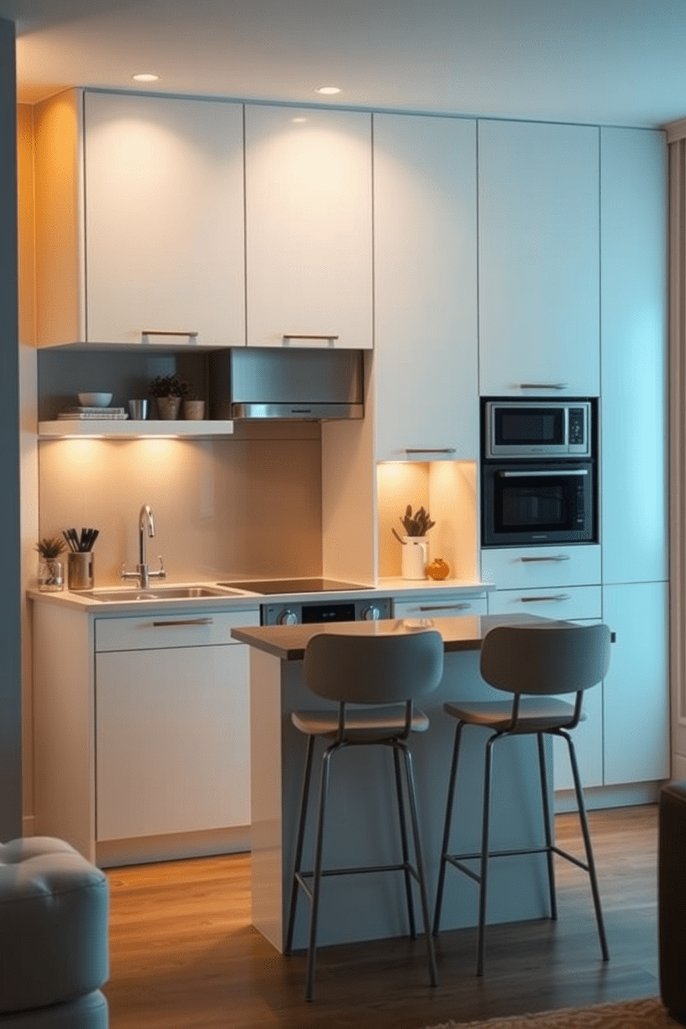 A cozy small apartment kitchen featuring sleek cabinetry in a soft white finish. The space is illuminated by warm under-cabinet lighting that creates a welcoming ambiance. A compact island with bar stools provides additional seating and workspace. Modern appliances are seamlessly integrated, maintaining a clean and uncluttered look.