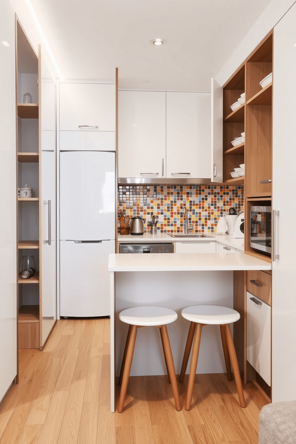 A small apartment kitchen designed with multi-functional furniture pieces. The space features a compact island that doubles as a dining table with stools tucked underneath for efficient use of space. The cabinetry includes pull-out shelves and hidden compartments to maximize storage. Bright, neutral colors enhance the openness of the kitchen, while a backsplash of colorful tiles adds a pop of personality.