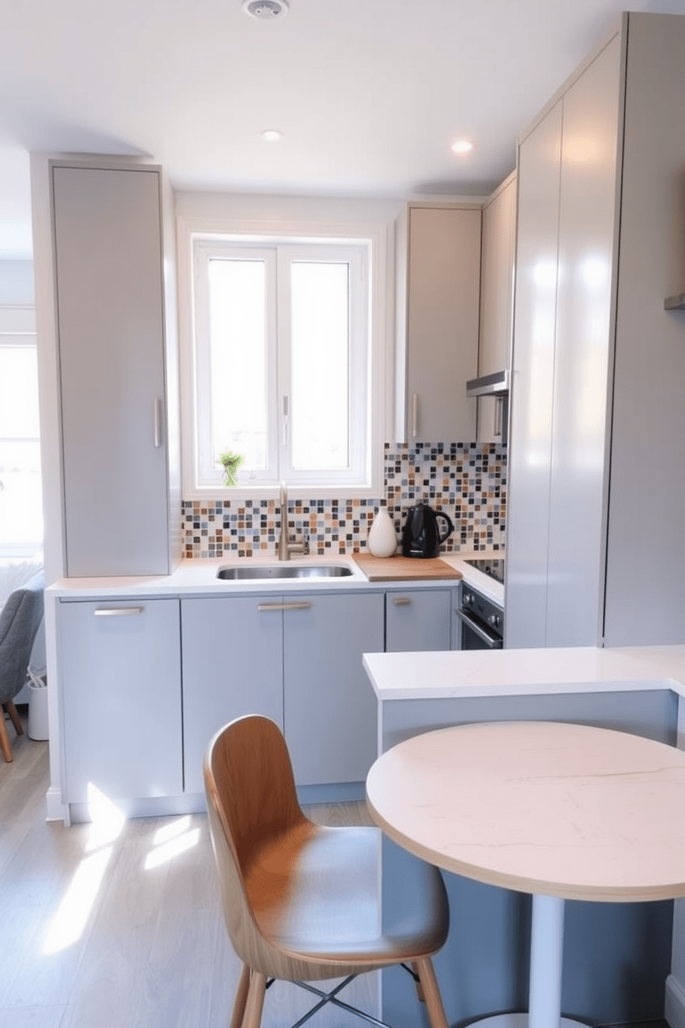 A cozy small apartment kitchen featuring sleek cabinetry in a soft gray finish. The countertops are white quartz with subtle veining, and a stylish backsplash made of colorful mosaic tiles adds visual interest. The kitchen includes a compact dining area with a round wooden table and two modern chairs. Natural light floods the space through a window above the sink, enhancing the inviting atmosphere.