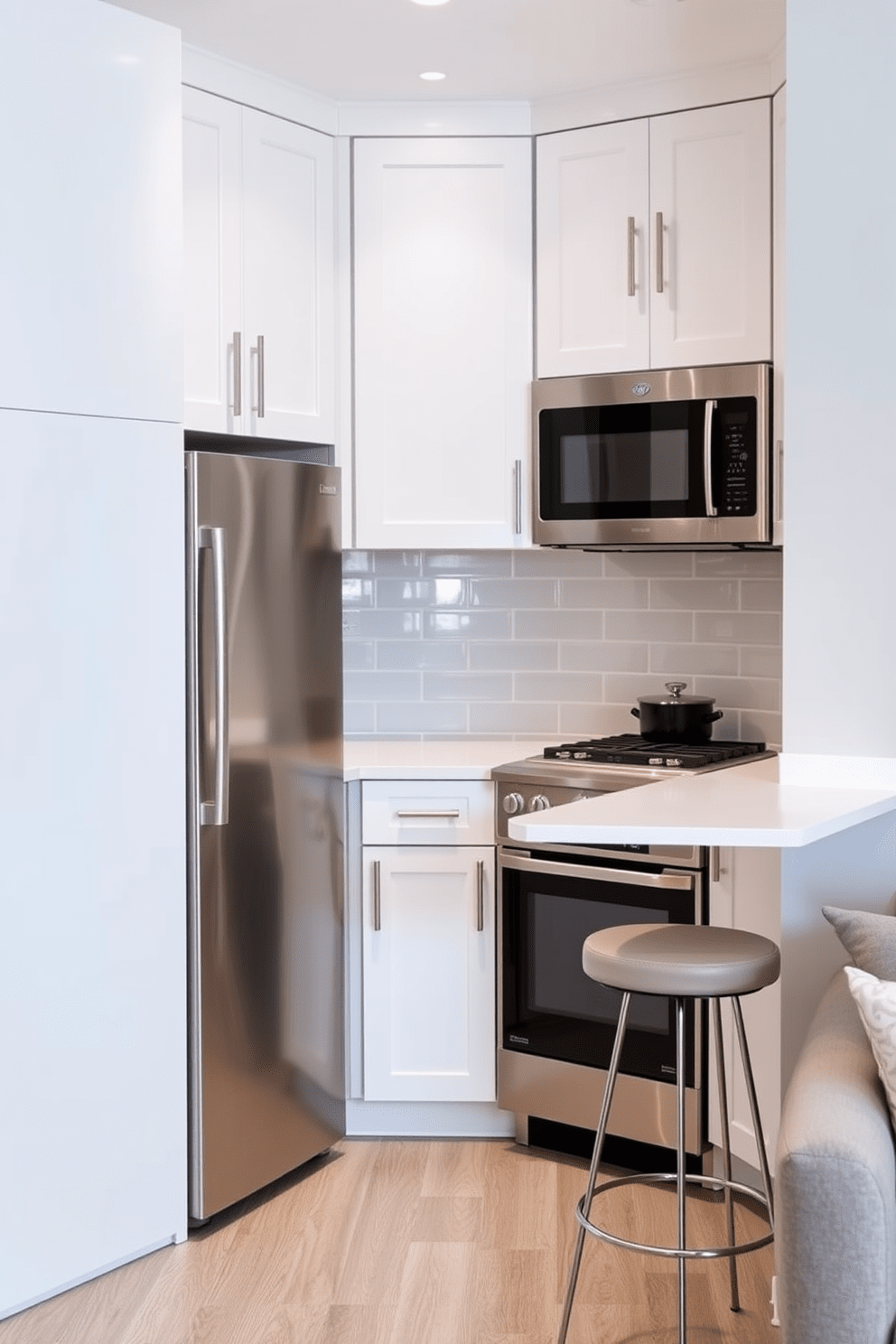 A modern small apartment kitchen featuring corner cabinets to maximize storage space. The cabinets are finished in a sleek white with brushed nickel hardware, complemented by a compact island with bar seating. The backsplash is a glossy subway tile in soft gray, adding a touch of elegance. A stainless steel refrigerator and oven are seamlessly integrated into the cabinetry for a cohesive look.