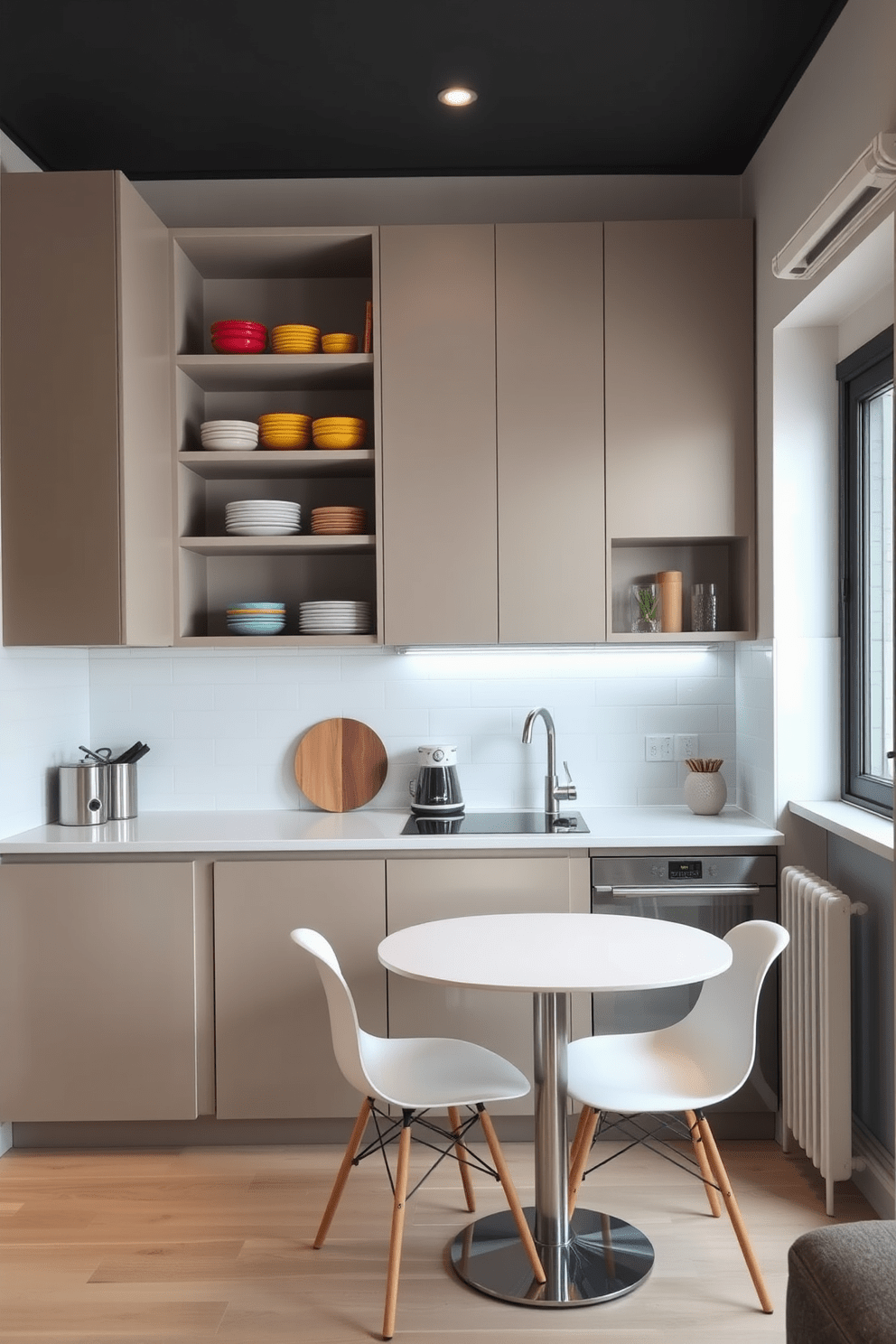 A small apartment kitchen featuring open shelving that showcases colorful dishware and decorative items. The cabinetry is sleek and modern, with a minimalist design that maximizes space and functionality. The countertops are made of a light-colored quartz, providing a clean and airy feel to the kitchen. A compact dining table with stylish chairs is positioned near a window, allowing natural light to brighten the space.