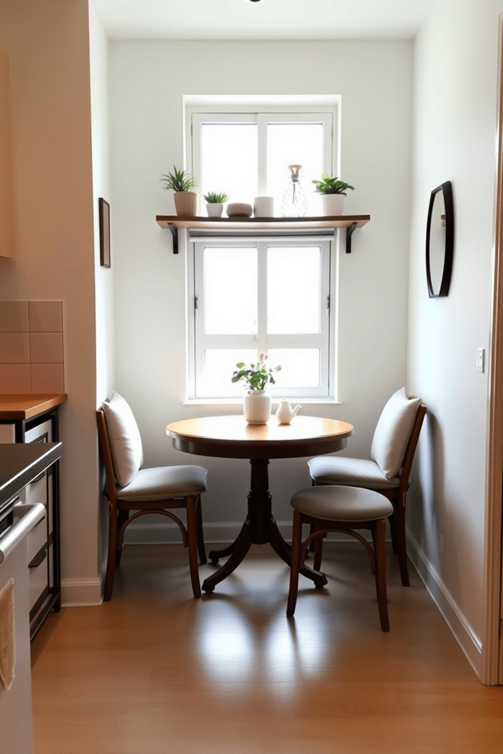 A cozy breakfast nook is nestled in a small apartment kitchen. It features a round wooden table surrounded by cushioned chairs, with a bright window allowing natural light to flood the space. The walls are painted in a soft pastel color, enhancing the airy feel of the room. A small shelf above the table holds decorative plants and kitchen essentials, adding a personal touch to the design.