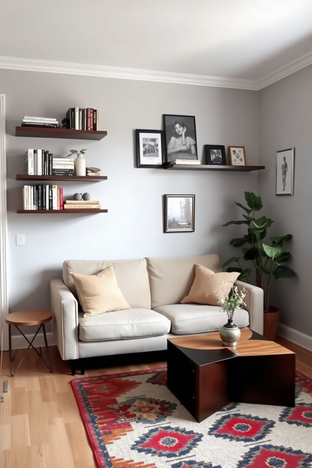 A cozy living room in a small apartment featuring floating shelves that save floor space. The walls are painted a soft gray, and a plush sofa in a light fabric is positioned against one wall. On the floating shelves, a mix of books and decorative items adds personality to the space. A small coffee table with a unique design sits in front of the sofa, complemented by a vibrant area rug that ties the room together.