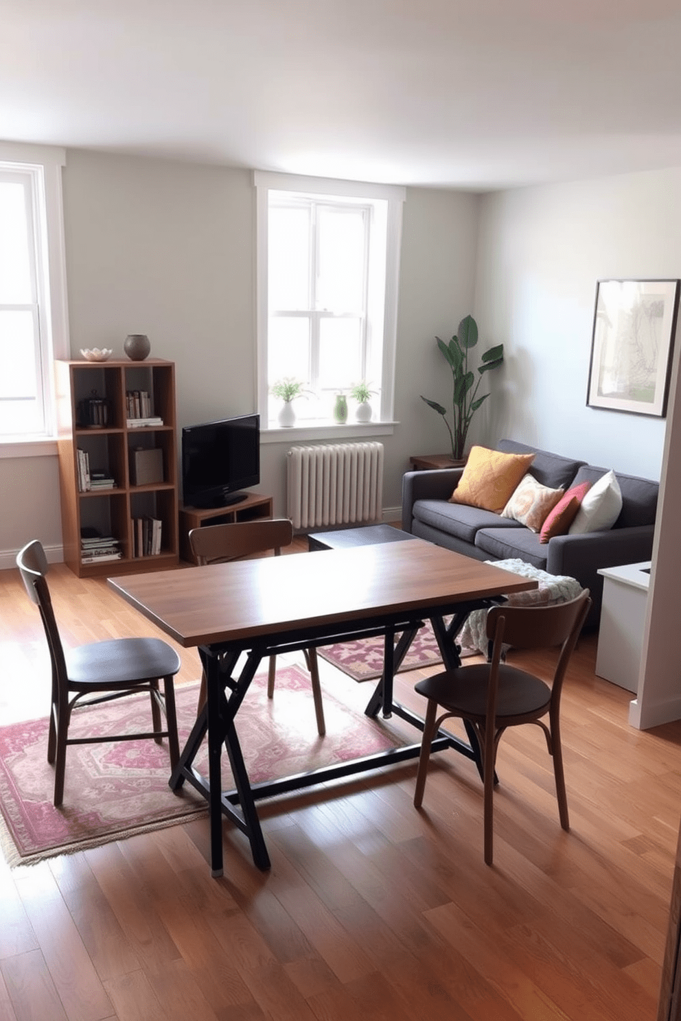 A cozy small apartment living room featuring a foldable dining table that can be easily tucked away when not in use. The room includes a comfortable sofa adorned with colorful cushions and a stylish rug that adds warmth to the space. Natural light floods the area through large windows, enhancing the light wood flooring and creating an inviting atmosphere. A small bookshelf is placed against one wall, displaying books and decorative items to personalize the room.