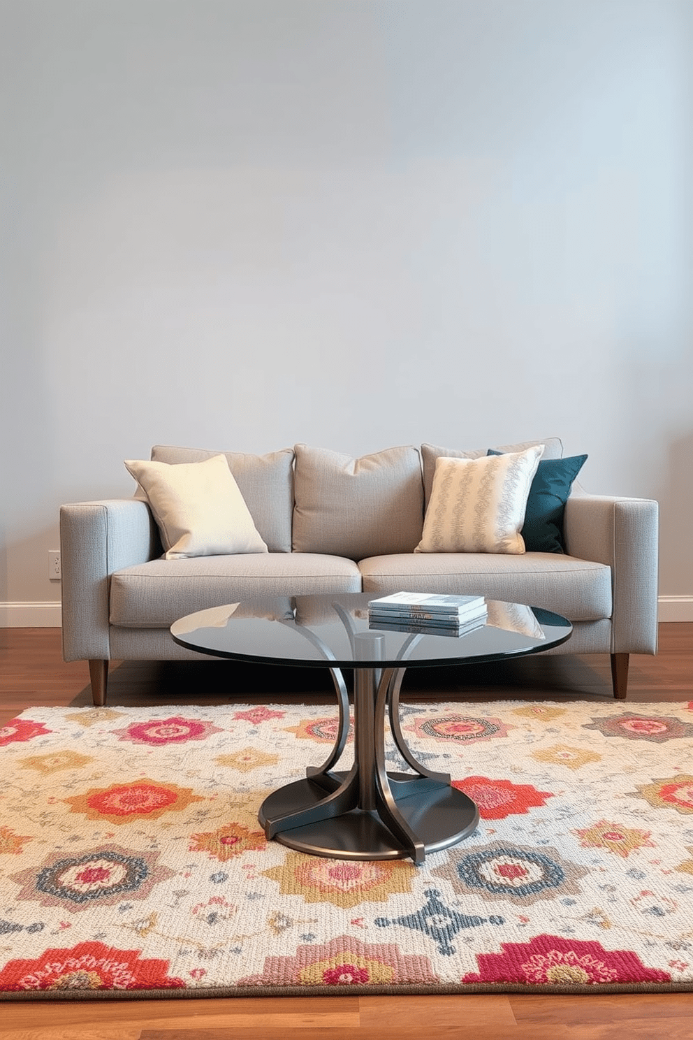 A compact coffee table design features a sleek round shape with a glass top and a metal base. The table is positioned in front of a plush sofa, creating an inviting space for relaxation and conversation. In the living room, the walls are painted in a soft gray, enhancing the sense of openness. A colorful area rug anchors the seating area, adding warmth and texture to the compact space.