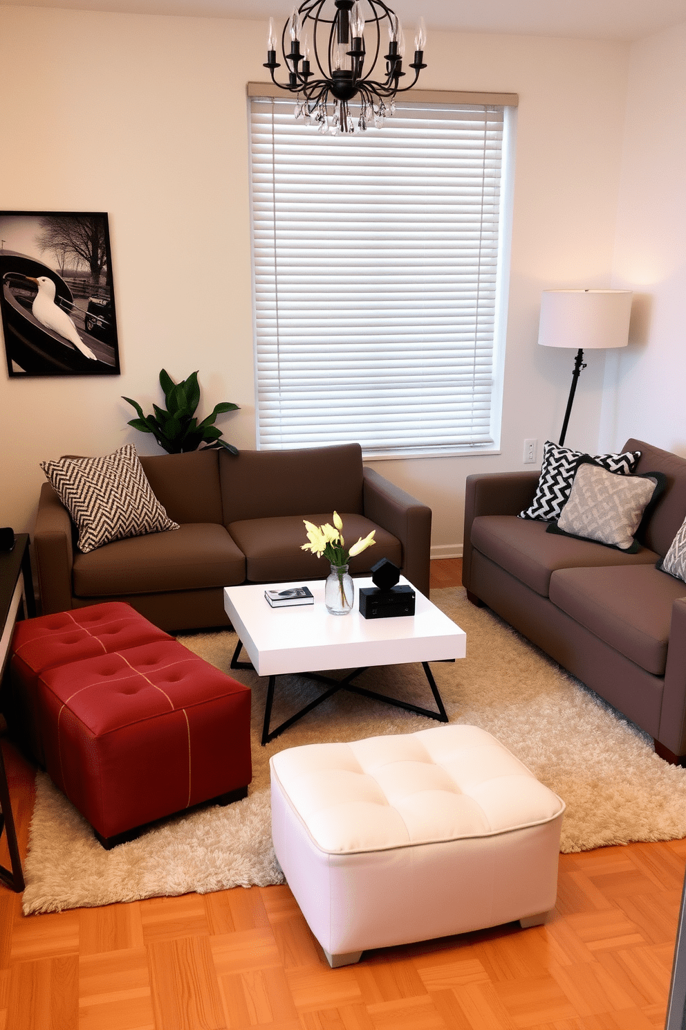 A cozy small apartment living room features a stylish arrangement of ottomans that serve dual purposes for extra seating and storage. The space is adorned with a soft area rug, and a modern coffee table sits at the center, creating an inviting atmosphere.