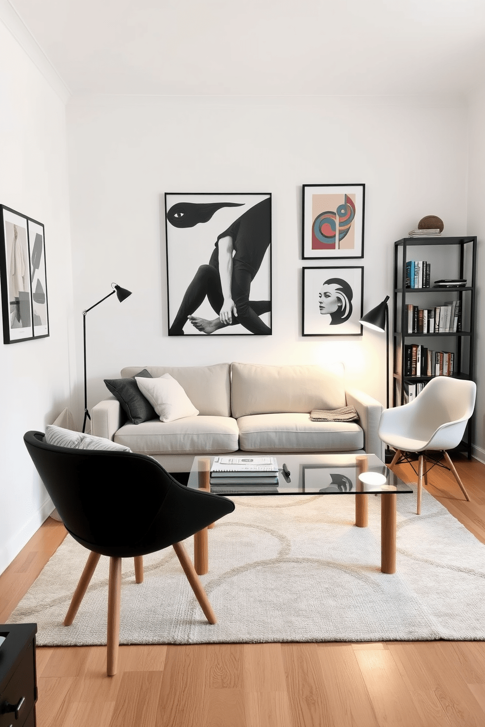 A cozy small apartment living room features a light gray sofa with exposed wooden legs, paired with a sleek glass coffee table that enhances the sense of space. A soft area rug in neutral tones anchors the seating area, while a minimalist bookshelf adds vertical interest without overwhelming the room. A stylish accent chair with a contemporary design sits next to a floor lamp, creating a perfect reading nook. The walls are painted in a soft white, and a few carefully chosen art pieces add personality without cluttering the space.