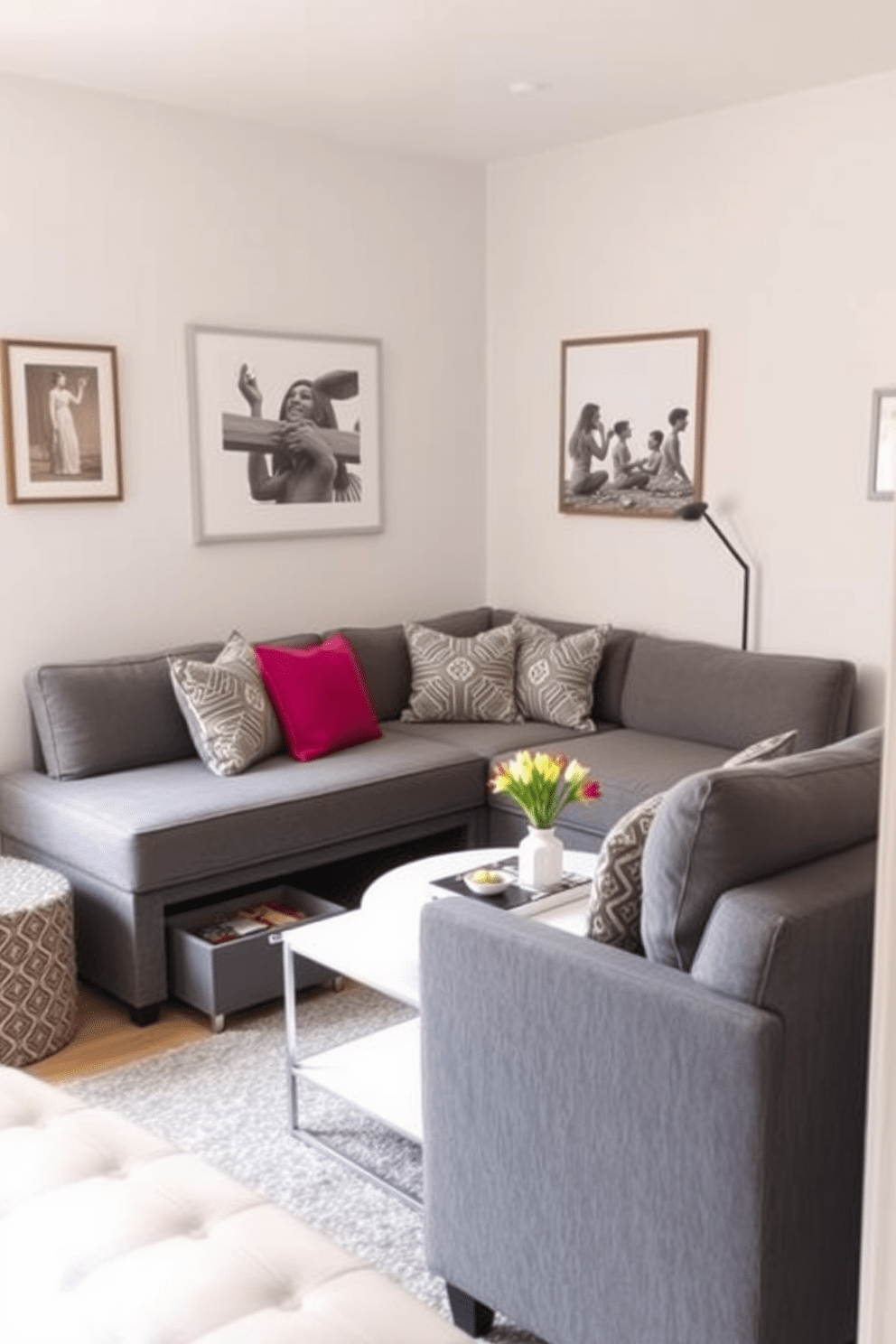 A cozy small apartment living room featuring a stylish sofa with hidden under-sofa storage. The room is adorned with a light color palette, complemented by a chic coffee table and vibrant throw pillows for added comfort.