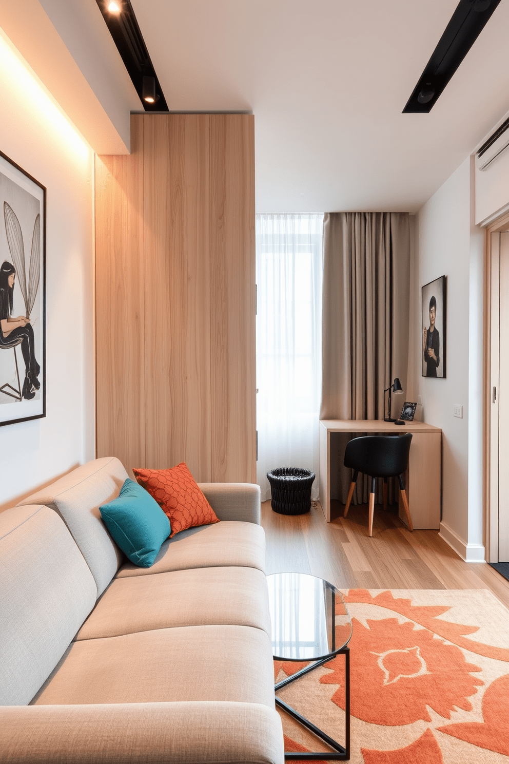 A stylish small apartment living room features a modern room divider made of light wood, creating a cozy separation between the living area and a small workspace. The space is adorned with a plush sofa in a soft gray fabric, complemented by colorful throw pillows and a minimalist coffee table made of glass and metal.