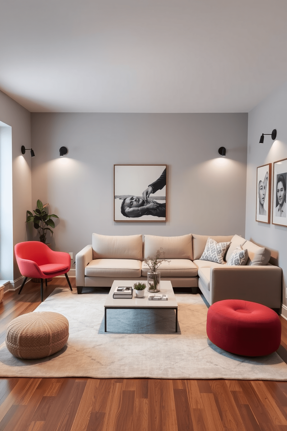 A cozy small apartment living room features a sleek sectional sofa in a neutral tone paired with a vibrant accent chair. The walls are painted in a soft gray, and a large area rug anchors the seating area, adding warmth and texture. Wall-mounted lighting fixtures illuminate the space, providing both functionality and style while saving floor space. A minimalist coffee table sits at the center, surrounded by curated decor items and a few green plants for a touch of nature.