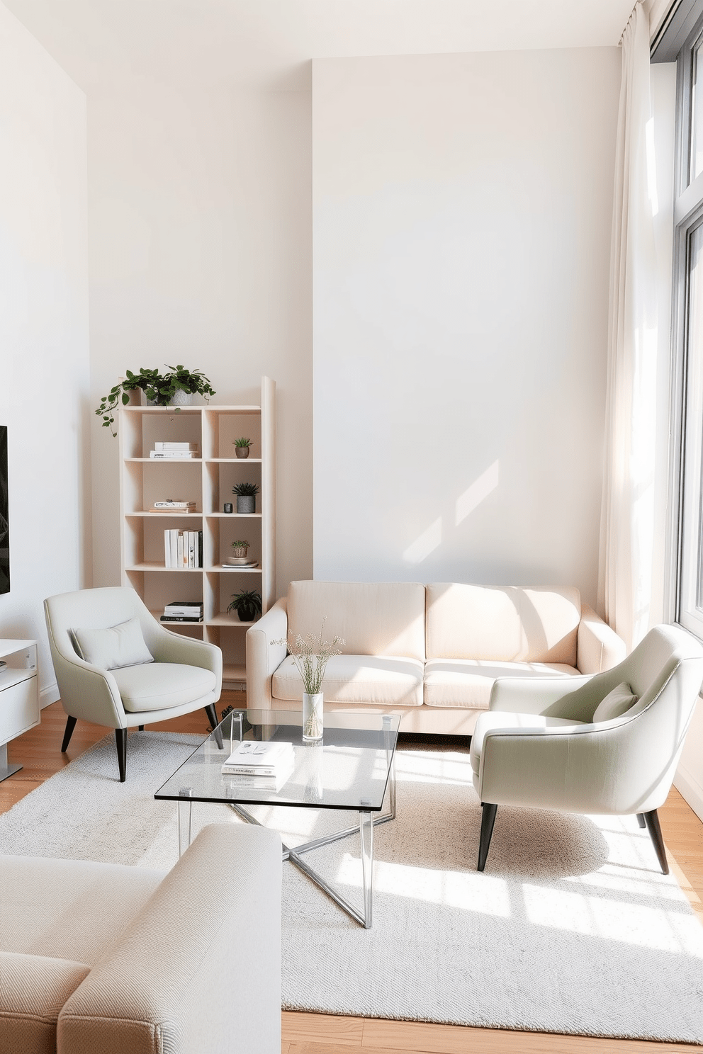 A small apartment living room with a light and airy atmosphere. The furniture includes a sleek, low-profile sofa in a soft beige fabric paired with a glass coffee table that reflects natural light. Accent chairs in a pastel color are positioned around the coffee table, creating a cozy conversation area. A minimalist bookshelf with open shelving displays a few decorative items and plants, enhancing the openness of the space.