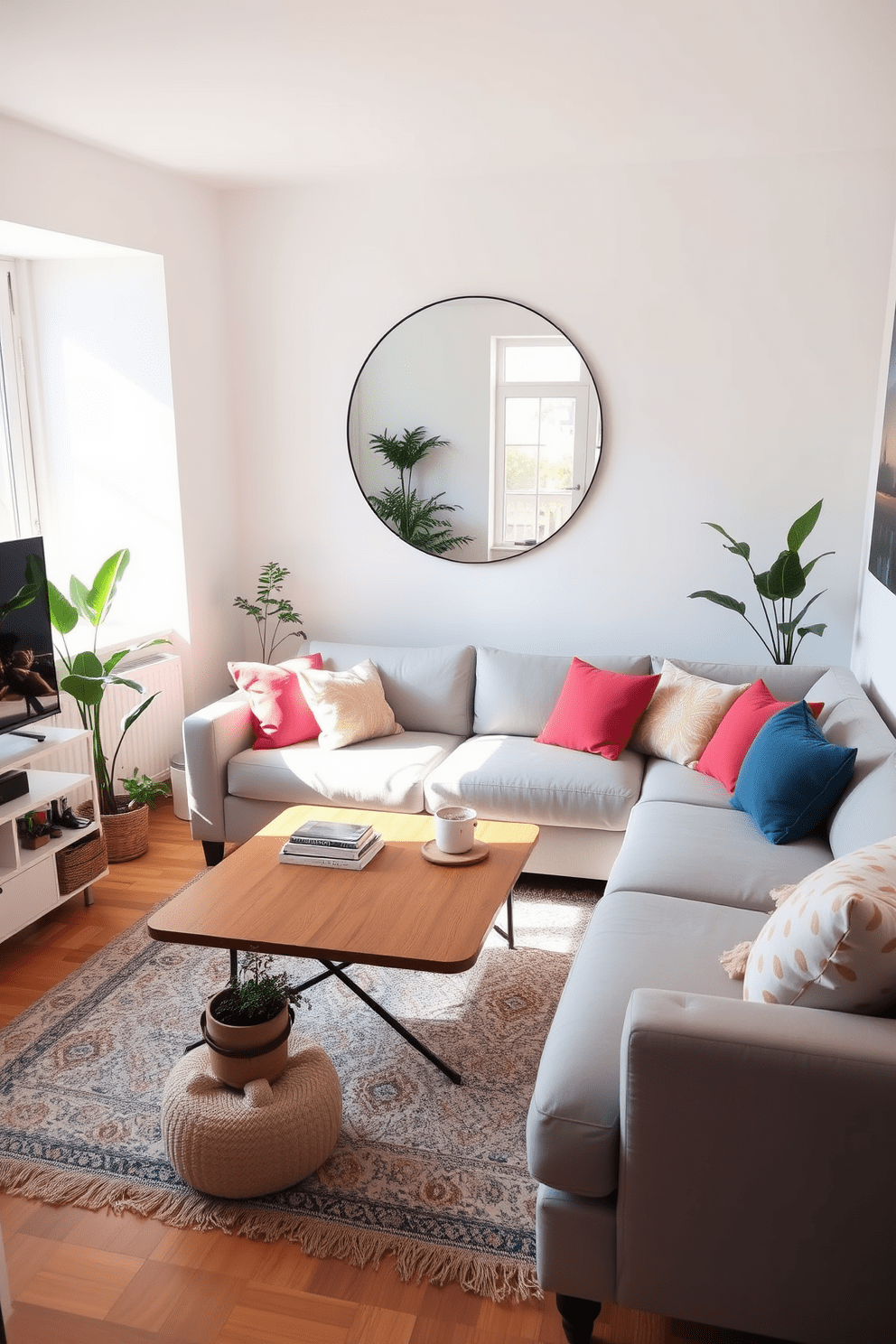 A cozy small apartment living room features a light gray sectional sofa adorned with colorful throw pillows. A large round mirror hangs above a sleek wooden coffee table, reflecting the natural light from the window and creating an illusion of spaciousness. The walls are painted in a soft white hue, enhancing the brightness of the room. A stylish area rug anchors the seating area, while potted plants add a touch of greenery and warmth to the design.