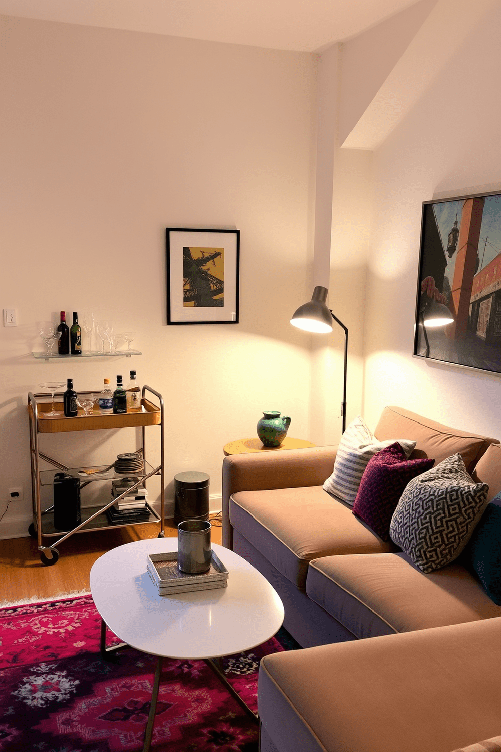 A cozy small apartment living room features a chic bar cart in the corner, elegantly styled with a selection of glassware and a few decorative bottles. The seating area includes a plush sofa adorned with colorful throw pillows, complemented by a stylish coffee table that adds functionality and flair. Soft, ambient lighting from a modern floor lamp creates a warm atmosphere, while a vibrant area rug ties the space together. The walls are painted in a light neutral shade, enhancing the room's openness and inviting a sense of calm.