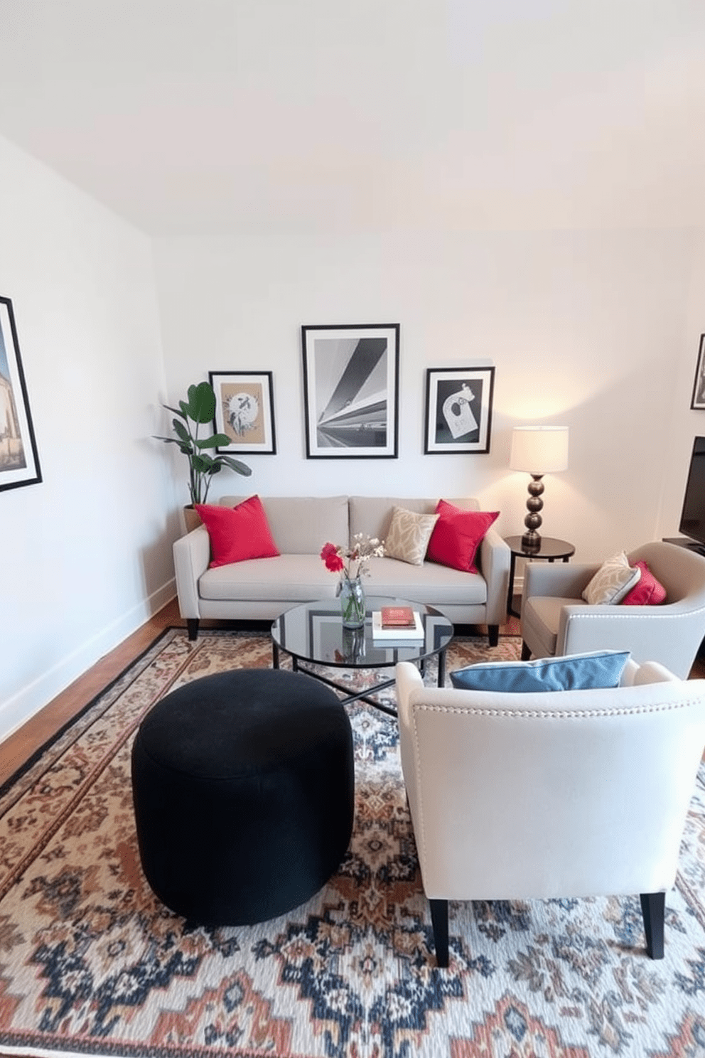 A cozy small apartment living room features a statement rug that anchors the space, adding warmth and character. The room is adorned with a soft sofa in a neutral tone, complemented by vibrant throw pillows that enhance the overall aesthetic. A stylish coffee table sits in the center, surrounded by a pair of accent chairs that create an inviting seating arrangement. The walls are painted in a light color to make the room feel more spacious, while framed artwork adds a personal touch to the decor.