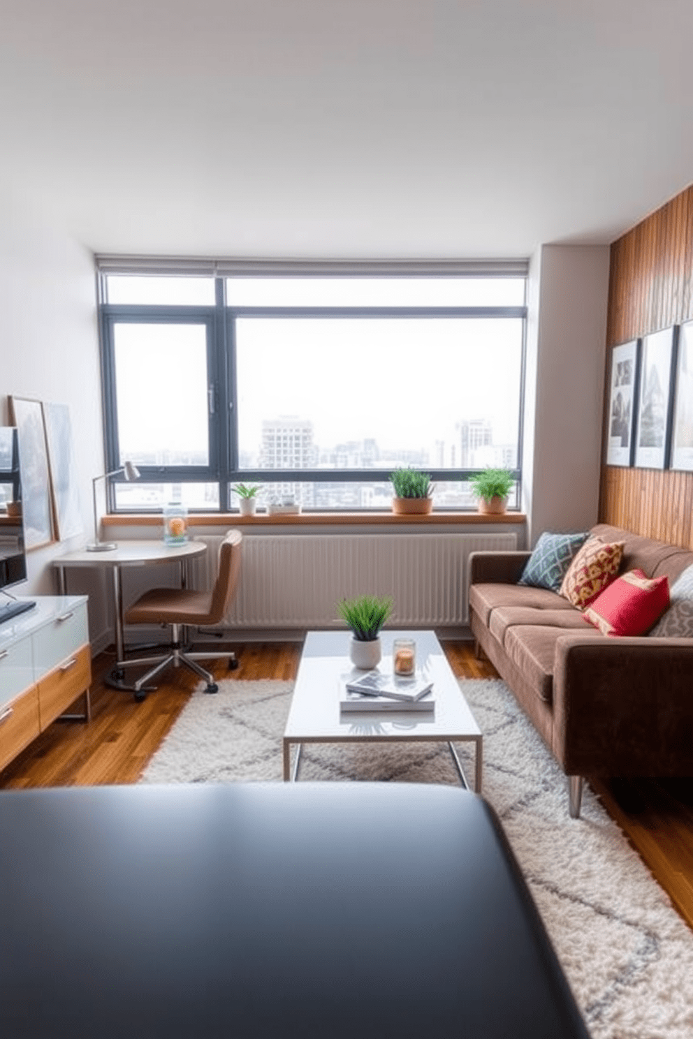 A cozy small apartment living room designed for functionality and style. The space features a sleek desk positioned against a wall, complemented by a comfortable chair and stylish desk lamp. The seating area includes a plush sofa adorned with colorful cushions, facing a minimalist coffee table. Large windows allow natural light to flood the room, enhancing the warm wooden accents and soft area rug underfoot.