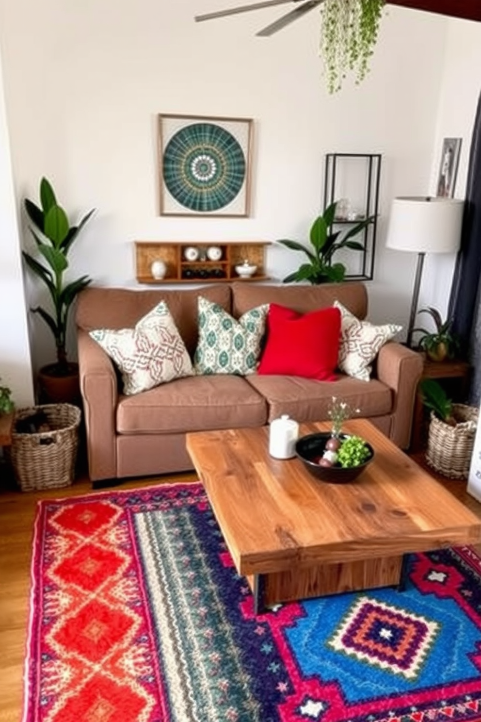 A cozy small apartment living room with a modern aesthetic. The space features a comfortable sofa adorned with colorful throw pillows and a stylish coffee table made of reclaimed wood. Decorative baskets are strategically placed around the room for organization, adding both functionality and charm. A vibrant rug anchors the seating area, while wall art and plants bring life to the space.