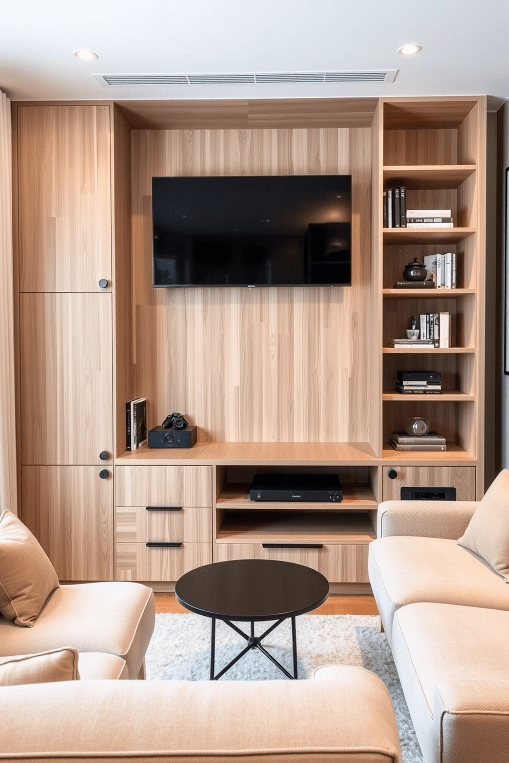 A compact entertainment unit designed for a small apartment living room features sleek lines and a modern aesthetic. It includes open shelving for books and decor, as well as closed cabinets to hide away electronics and clutter. The unit is finished in a light wood tone to create an airy feel, complemented by a stylish flat-screen TV mounted above. Surrounding the unit, a cozy seating arrangement consists of a plush sofa and a pair of accent chairs, all in neutral fabrics to enhance the sense of space.