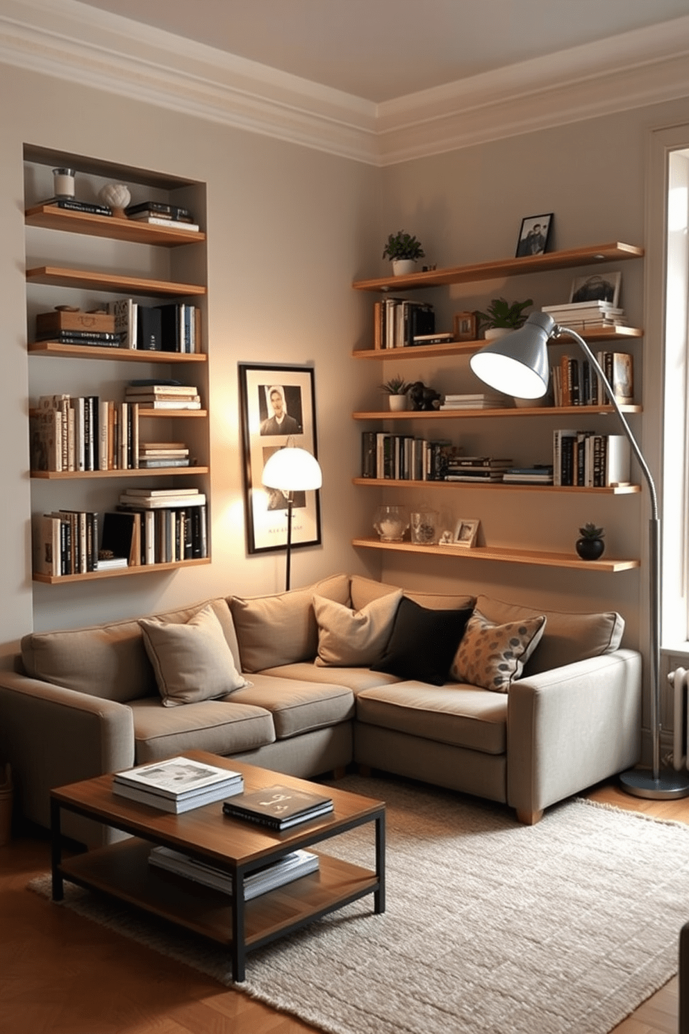 A cozy small apartment living room with corner shelves that maximize space. The shelves are filled with books and decorative items, adding personality and charm to the room. A comfortable sofa is placed against the wall, complemented by a stylish coffee table in front. Soft lighting from a floor lamp creates a warm and inviting atmosphere, making the space feel larger and more welcoming.