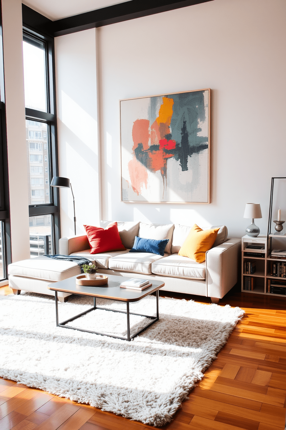 A cozy small apartment living room featuring a large piece of abstract art as the focal point on the main wall. The room is designed with a comfortable sofa in neutral tones, accented by colorful throw pillows, and a stylish coffee table in front. Natural light floods the space through large windows, highlighting a soft area rug that adds warmth to the hardwood floor. To the side, a compact bookshelf displays a curated selection of books and decorative items, enhancing the room's personality.