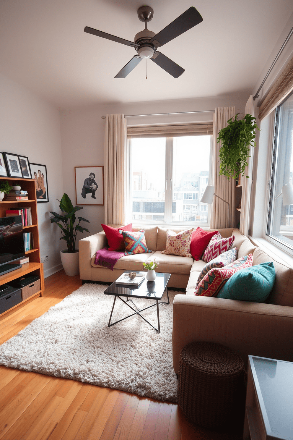 A cozy small apartment living room filled with personality. The space features a comfortable sofa adorned with an array of colorful throw pillows that enhance the overall decor. A stylish coffee table sits in front of the sofa, complemented by a soft area rug that adds warmth to the room. Large windows allow natural light to flood in, highlighting the vibrant colors and textures throughout the space.