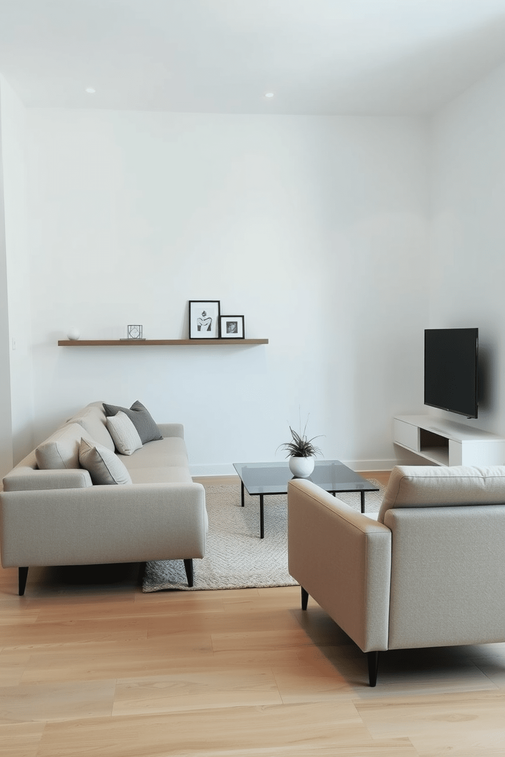 A minimalist living room design in a small apartment featuring a sleek, low-profile sofa in a neutral color. The space is enhanced by a glass coffee table and a single modern armchair, creating an open and airy feel. Walls are painted in a soft white hue, and the floor is adorned with light hardwood for warmth. A few carefully selected decorative items are placed on a floating shelf, maintaining a clutter-free environment.