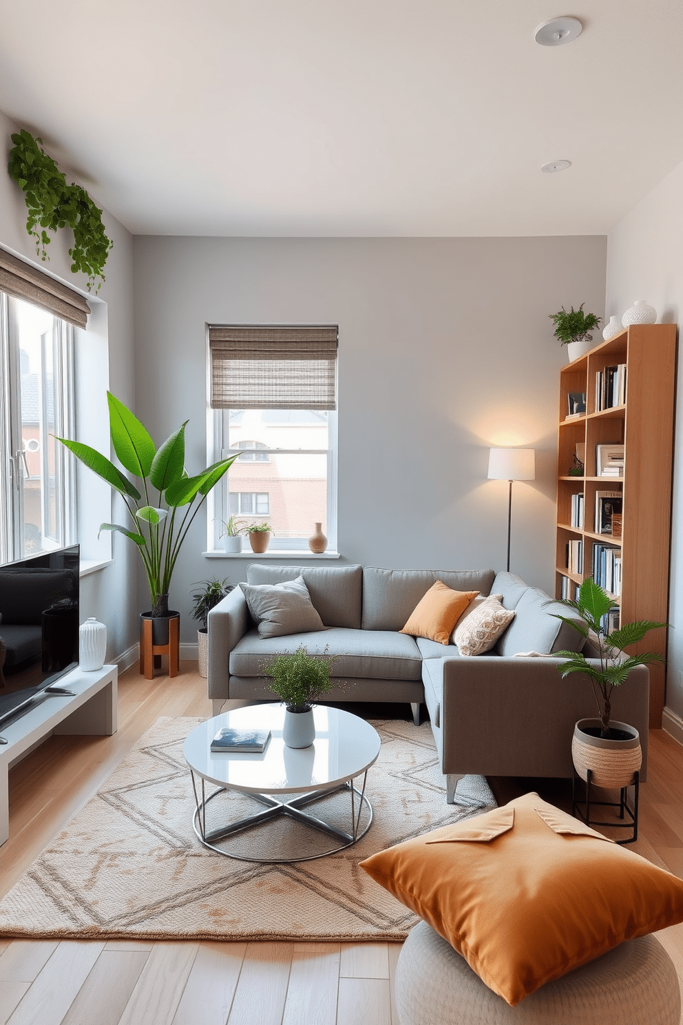 A cozy small apartment living room with a comfortable sofa in a neutral tone facing a sleek coffee table. The walls are adorned with light gray paint, and a large window allows natural light to fill the space, complemented by vibrant green plants placed in stylish pots. In one corner, a tall bookshelf holds a collection of books and decorative items, adding personality to the room. A soft area rug in warm tones anchors the seating area, while a few throw pillows add texture and comfort.