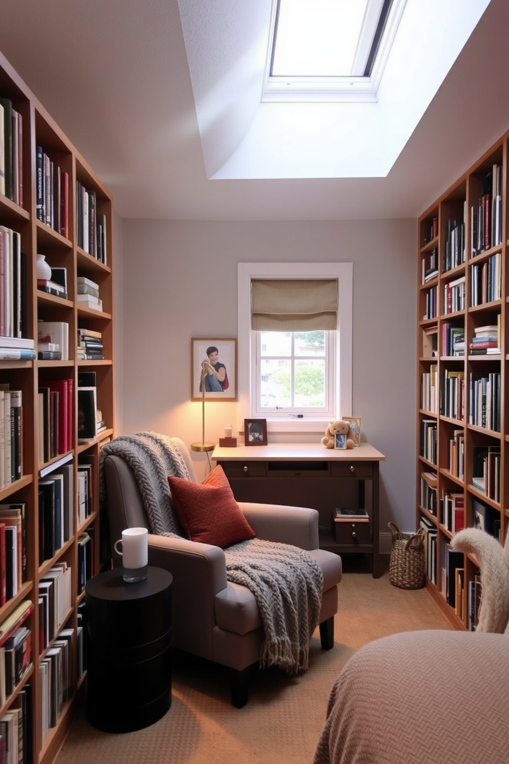 Cozy reading nook with built-in shelves. A plush armchair is nestled in the corner, surrounded by floor-to-ceiling bookshelves filled with an eclectic mix of books and decorative items. Soft, warm lighting creates an inviting atmosphere, while a small side table holds a steaming cup of tea. A thick, knitted throw blanket drapes over the armchair, adding to the comfort of the space. Small attic design ideas. The sloped ceiling is painted in a light, airy color to enhance the sense of space, while a skylight allows natural light to flood in. A compact desk is positioned under the window, providing a perfect workspace, and a cozy bed is tucked into the opposite corner with soft linens and decorative pillows.