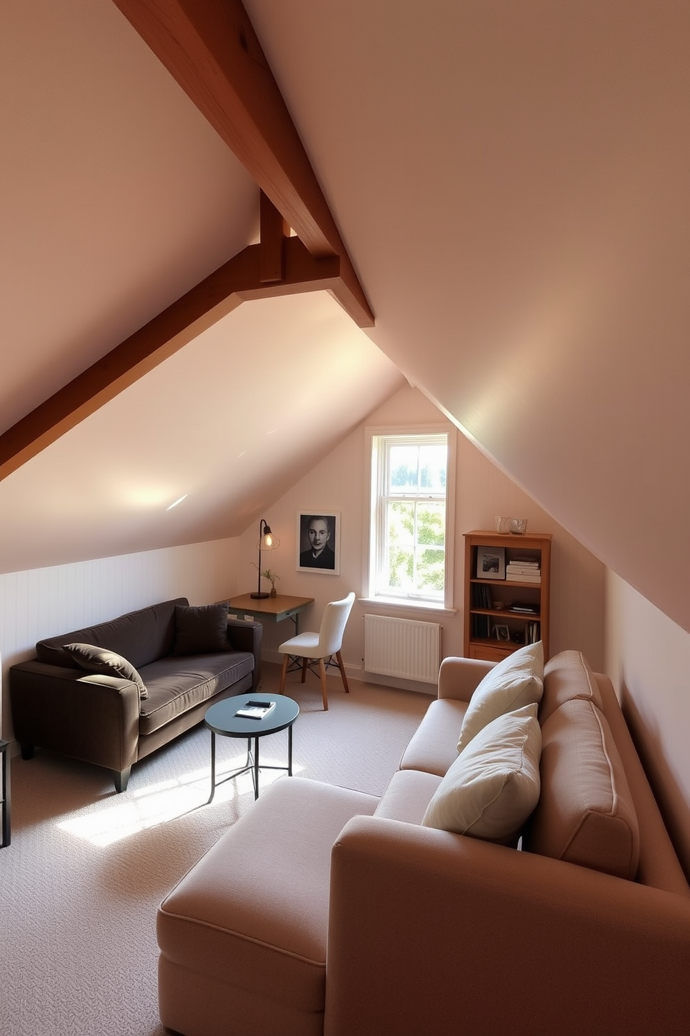 A cozy attic space with sloped ceilings features warm wooden beams and soft ambient lighting. A stylish seating area is created with a plush sofa and a small coffee table, inviting relaxation in this charming nook. The walls are painted in a light, airy color to enhance the feeling of openness. A small desk is positioned by the window, providing a perfect workspace bathed in natural light.