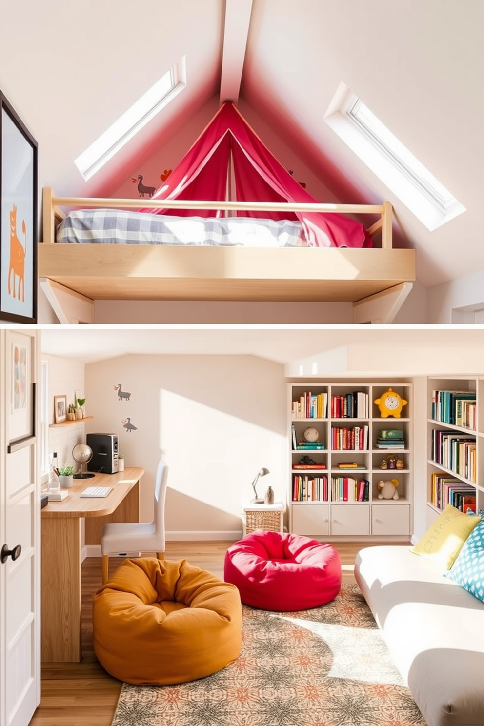 Design a playful kids bedroom retreat. The room features a lofted bed with a colorful tent underneath, bright wall decals of animals, and a cozy reading nook with bean bags and shelves filled with books. Small attic design ideas include a compact workspace with a built-in desk and shelves, paired with a comfortable daybed for relaxation. The walls are painted in soft pastels, and large windows let in plenty of natural light, creating an airy atmosphere.