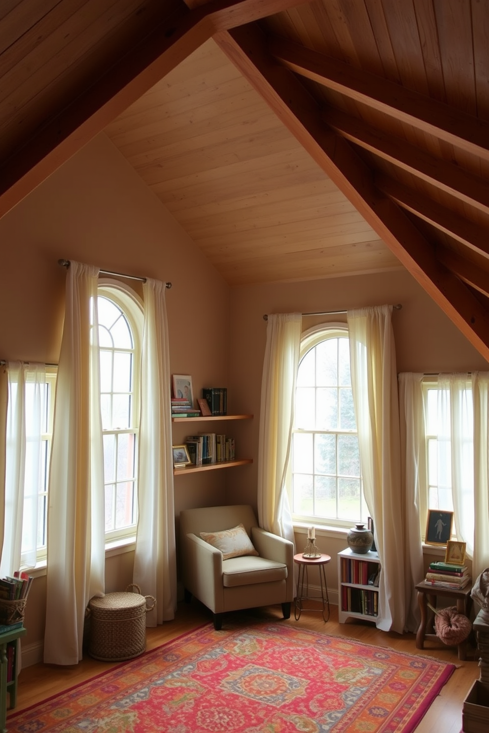 A cozy attic space designed for relaxation and creativity. The room features sloped ceilings with exposed wooden beams, and large windows adorned with soft, flowing curtains that provide both privacy and style. A comfortable reading nook is created with a plush armchair and a small side table, surrounded by shelves filled with books and decorative items. The walls are painted in a warm neutral tone, complemented by a colorful area rug that adds vibrancy to the space.