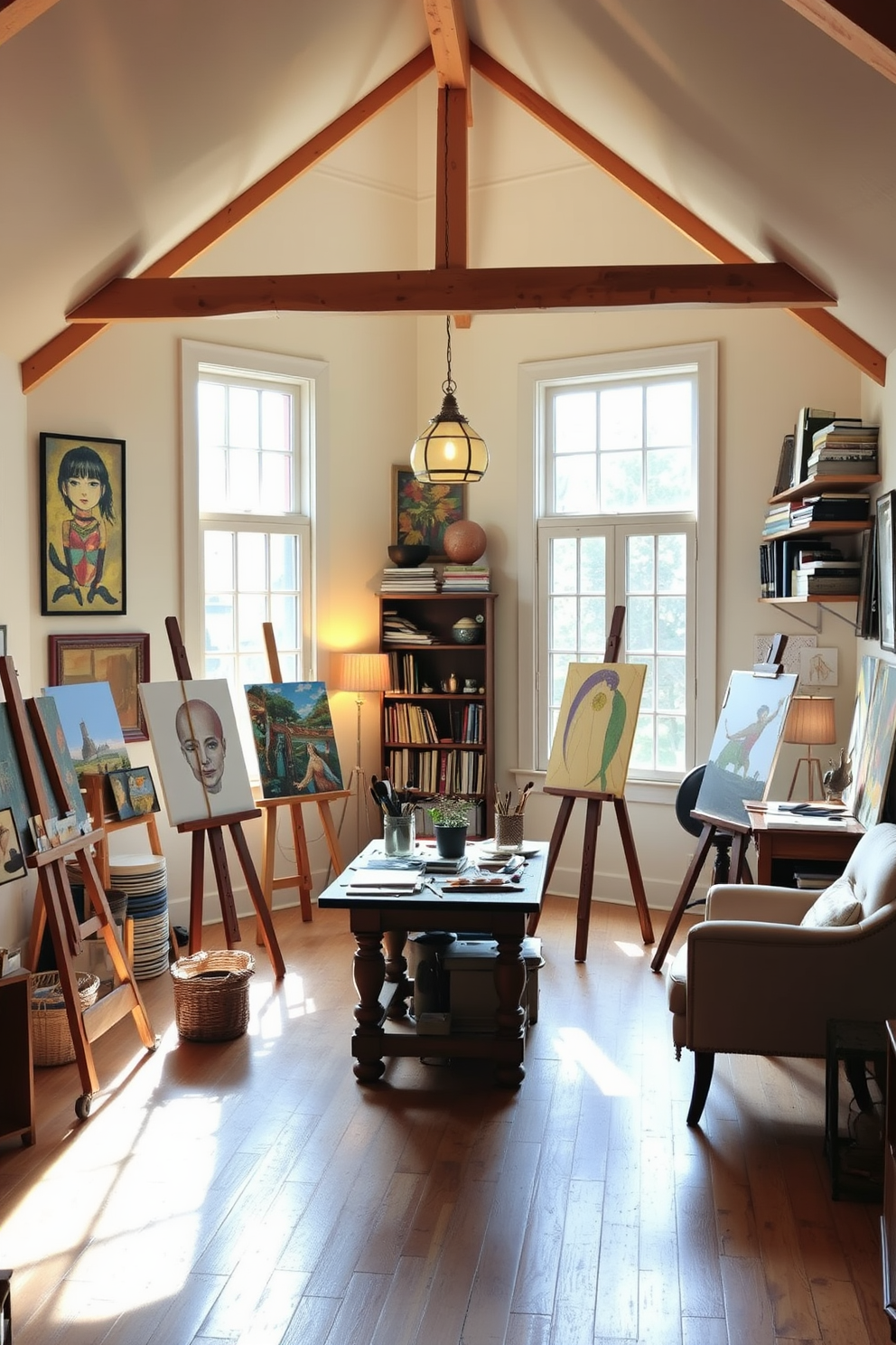 Create an art studio filled with natural light. Large windows allow sunlight to flood the space, illuminating easels and canvases scattered throughout the room. In the center, a rustic wooden table serves as the main workspace, surrounded by vibrant paint supplies and brushes. The walls are adorned with colorful artwork and shelves filled with books and inspiration. For small attic design ideas, envision a cozy reading nook with a plush armchair and a small bookshelf. Soft lighting from a vintage lamp creates a warm ambiance, while exposed beams add character to the space.