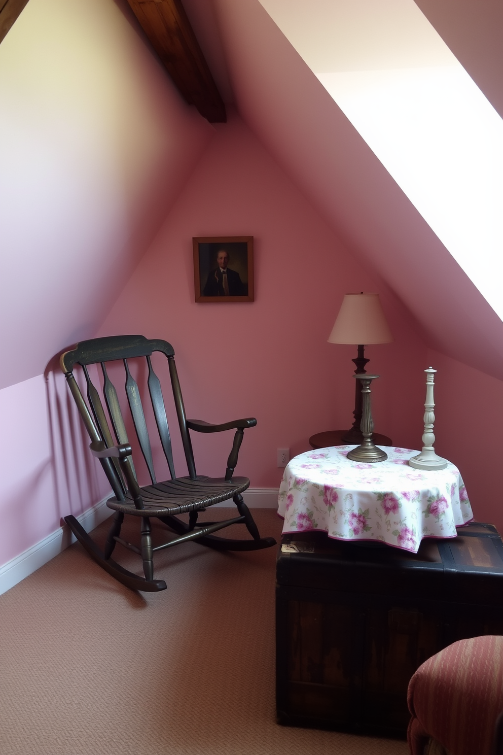 A cozy attic space featuring vintage furniture elements that exude charm. A weathered wooden rocking chair sits in the corner next to a small round table adorned with a floral tablecloth. The walls are painted in soft pastel hues, creating a warm and inviting atmosphere. A vintage trunk serves as a coffee table, while an antique lamp provides soft lighting for reading.