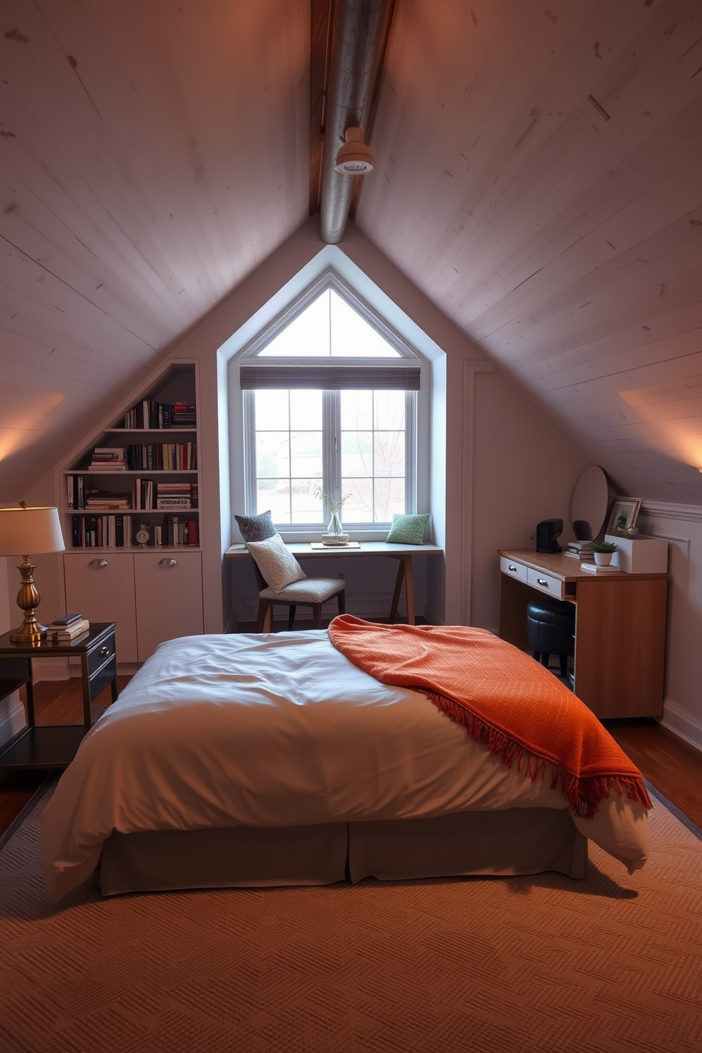 A cozy guest bedroom space. The room features a plush queen-sized bed with soft linens and a warm throw blanket, flanked by two bedside tables with elegant lamps. Small attic design ideas. The space includes a comfortable reading nook with a built-in bookshelf and a large window that lets in natural light, complemented by a small desk for work or study.