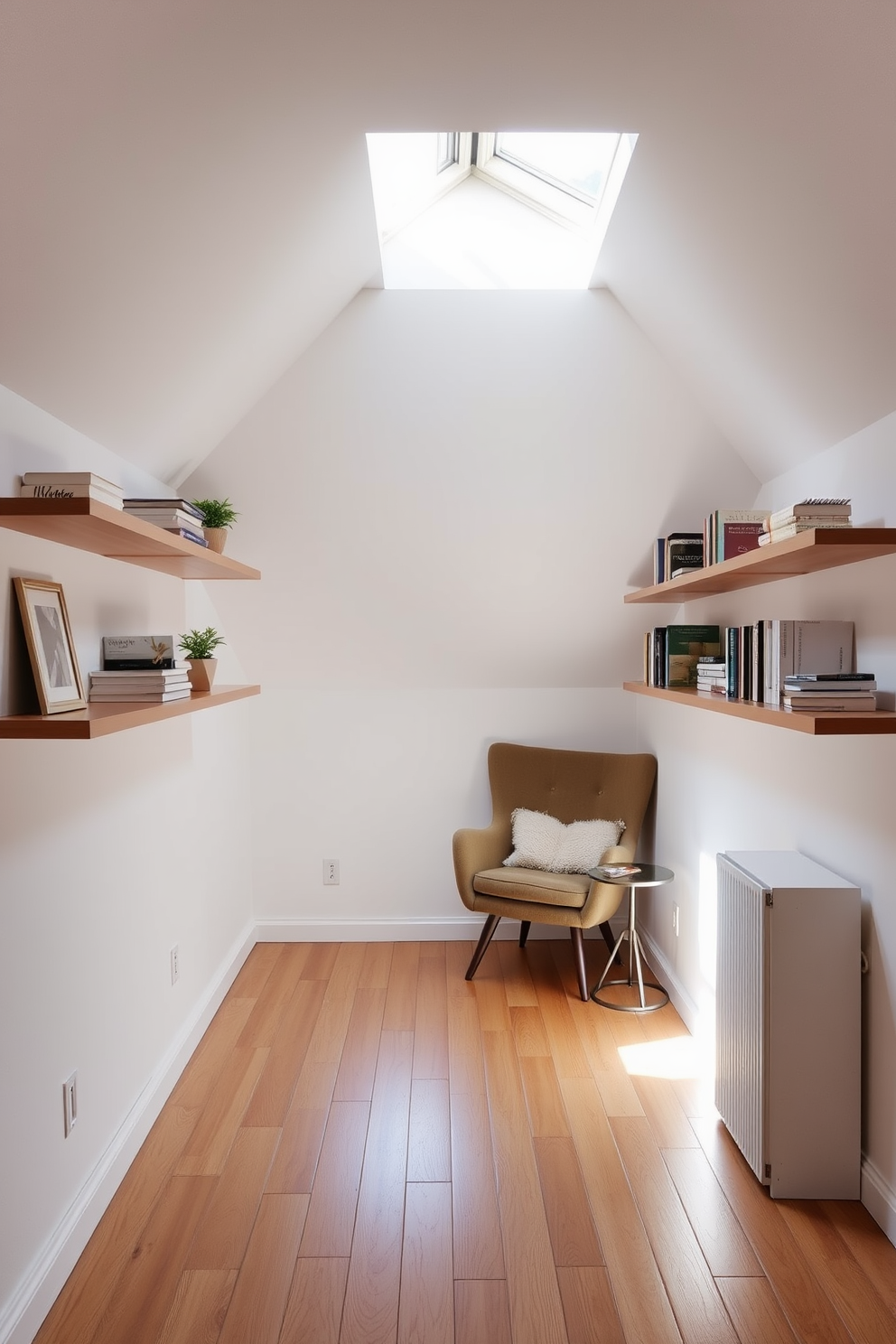 A cozy attic space featuring floating shelves that emphasize minimalism. The walls are painted in a soft white, and natural light pours in through a small skylight, illuminating the wooden floor. On the shelves, neatly arranged books and a few decorative plants create a serene atmosphere. A comfortable reading nook is nestled in one corner with a plush chair and a small side table.