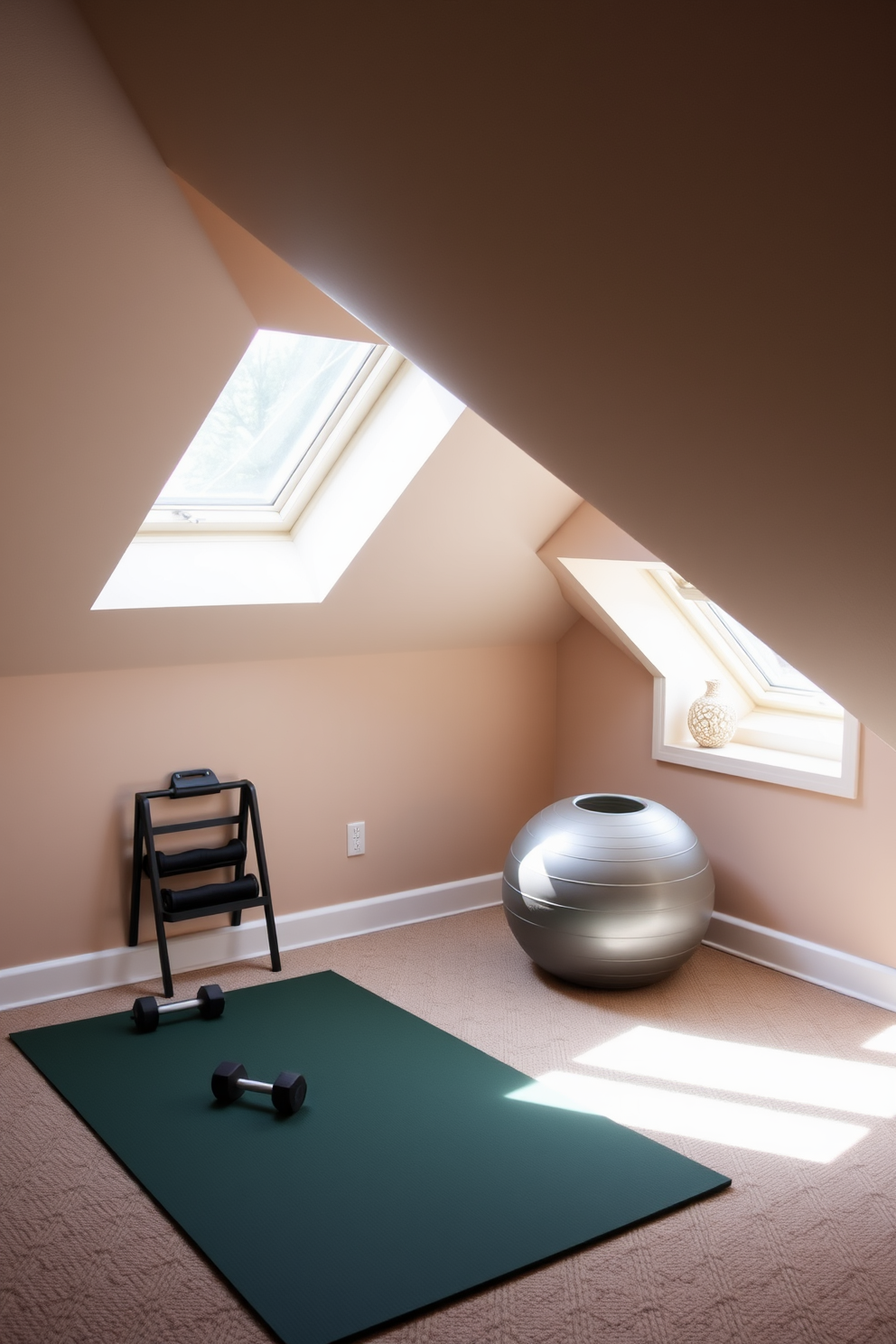 Create a small workout area with equipment. The space features a compact exercise mat, a set of dumbbells, and a stability ball placed in a corner. Small attic design ideas can transform the space into a cozy retreat. Consider adding a sloped ceiling with skylights, a comfortable reading nook, and soft lighting to enhance the ambiance.