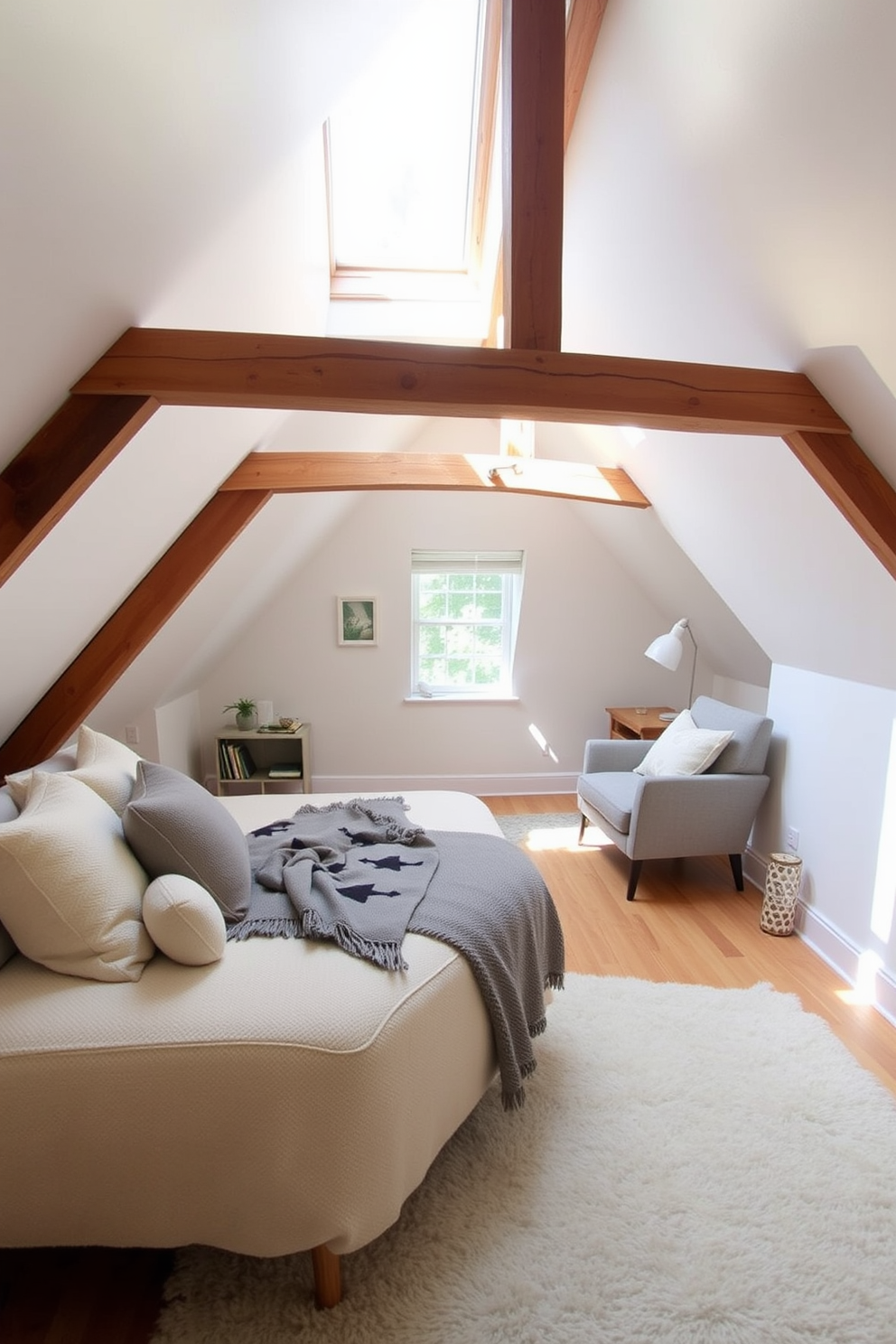 A cozy attic space designed for relaxation and versatility features a stylish daybed adorned with plush cushions and a soft throw blanket. The walls are painted in a warm white hue, complemented by exposed wooden beams that add character to the room. Natural light floods in through a skylight, illuminating a small reading nook with a comfortable chair and a side table. The floor is covered with a soft area rug, creating a welcoming atmosphere that encourages both lounging and productivity.