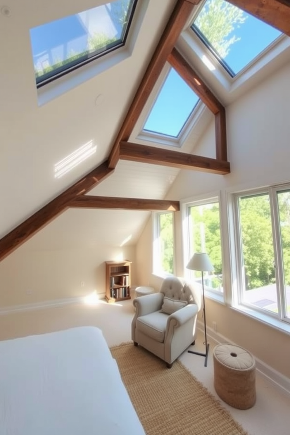 A cozy attic space filled with natural light. Skylights and large windows illuminate the room, highlighting the soft, neutral color palette of the walls and furnishings. The design features a comfortable reading nook with a plush armchair and a small bookshelf. Exposed wooden beams add character, while a woven rug anchors the space.