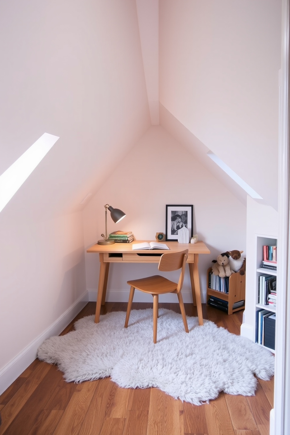 A cozy attic study area featuring a small wooden desk positioned under a sloped ceiling. The desk is adorned with a stylish lamp and a few neatly stacked books, while a comfortable chair invites you to sit and work. The walls are painted in a soft pastel color, creating a calm and inviting atmosphere. A plush area rug lies beneath the desk, and a small bookshelf is tucked into the corner, filled with personal mementos and decorative items.