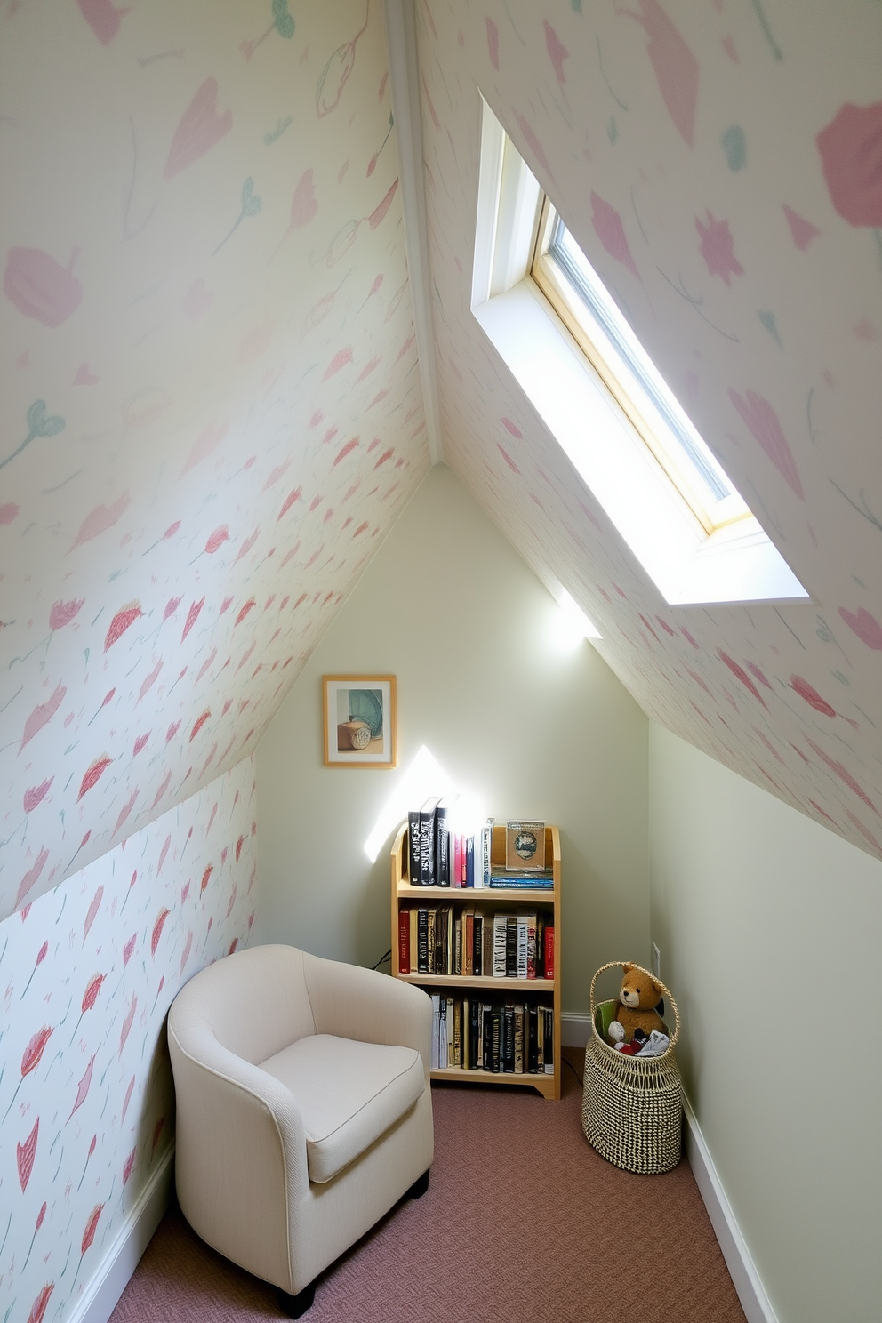 A cozy attic space featuring wallpaper with a whimsical pattern that adds character to the room. The walls are adorned with soft pastel hues, creating a warm and inviting atmosphere. In one corner, a comfortable reading nook is created with a plush armchair and a small bookshelf filled with favorite novels. Natural light pours in through a skylight, illuminating the space and enhancing the playful design elements.