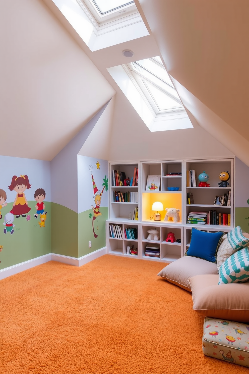 Create a whimsical playroom for children. The room features colorful wall murals of cartoon characters and a soft, plush carpet in bright hues. Small attic design ideas include cozy nooks with built-in bookshelves and a reading corner with oversized cushions. Skylights bring in natural light, creating an inviting atmosphere for relaxation and play.