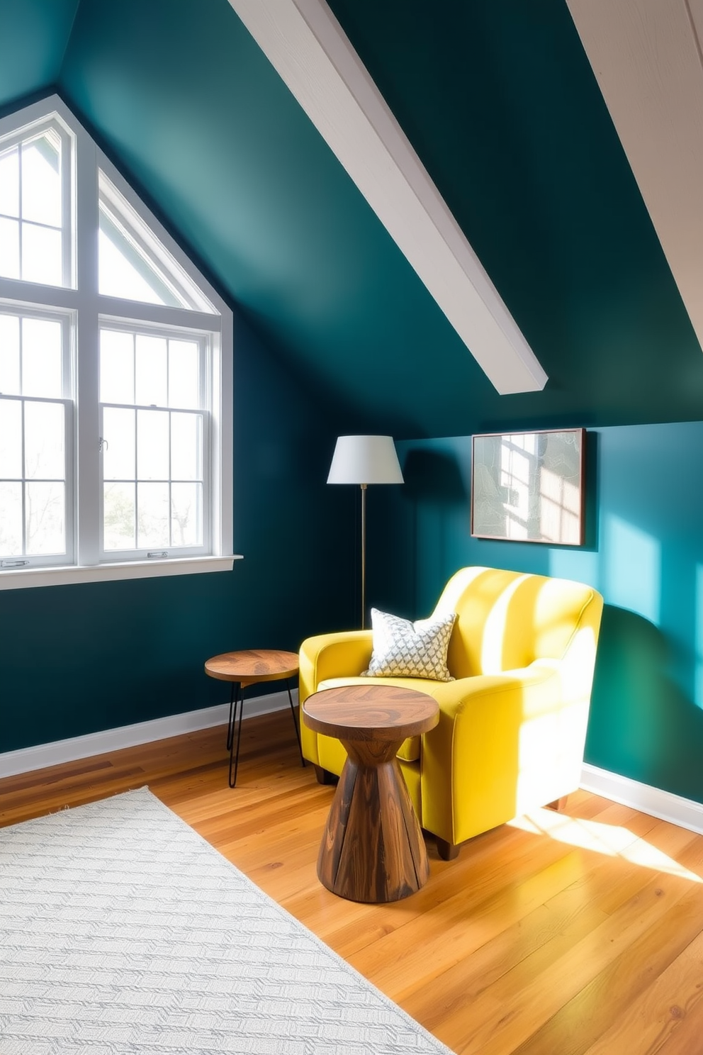 A cozy attic space featuring a bold accent wall painted in deep teal. The room is furnished with a plush, oversized armchair in a vibrant yellow, paired with a small round table made of reclaimed wood. Large windows allow natural light to flood in, highlighting the unique sloped ceilings. A soft area rug in geometric patterns adds warmth and texture to the hardwood floor.