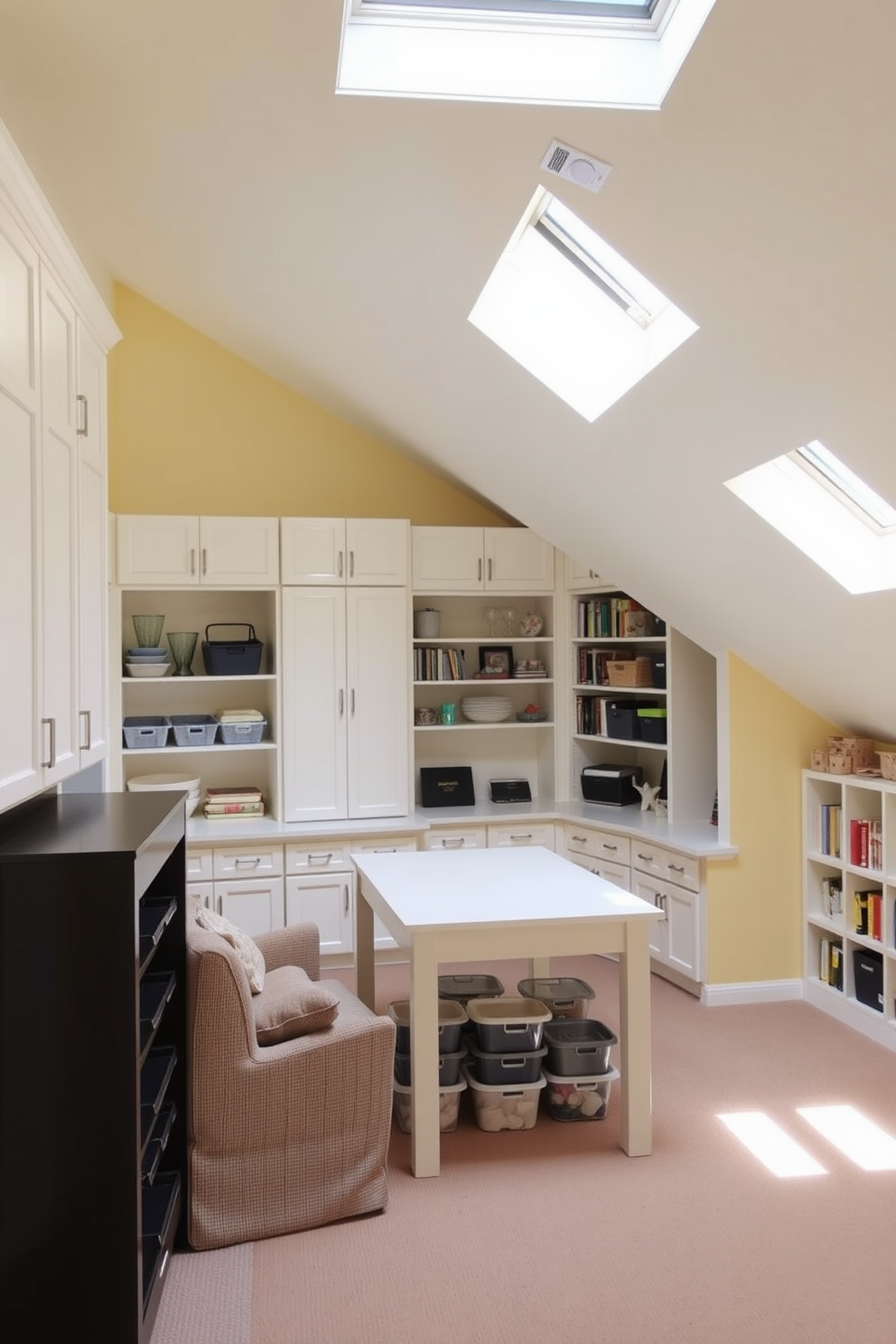 A bright and inviting craft room featuring built-in shelving and cabinets for ample storage. The walls are painted in a cheerful yellow hue, and a large work table is positioned in the center, surrounded by organized bins and containers for supplies. A cozy attic space transformed into a functional retreat with sloped ceilings and skylights. Soft, neutral tones adorn the walls, and a small reading nook with a plush chair and bookshelf is nestled under the eaves, creating a perfect escape.