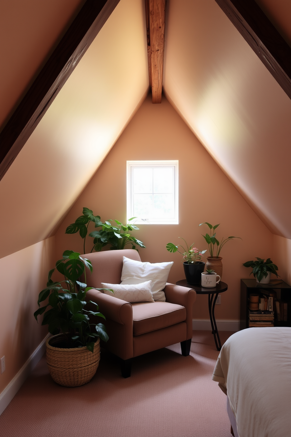 A cozy attic space transformed into a serene retreat. Soft natural light filters through a small skylight, illuminating a comfortable reading nook with a plush armchair and a small side table. In one corner, a collection of potted plants adds a vibrant touch of greenery to the space. The walls are painted in a warm, neutral tone, and rustic wooden beams create a charming, inviting atmosphere.